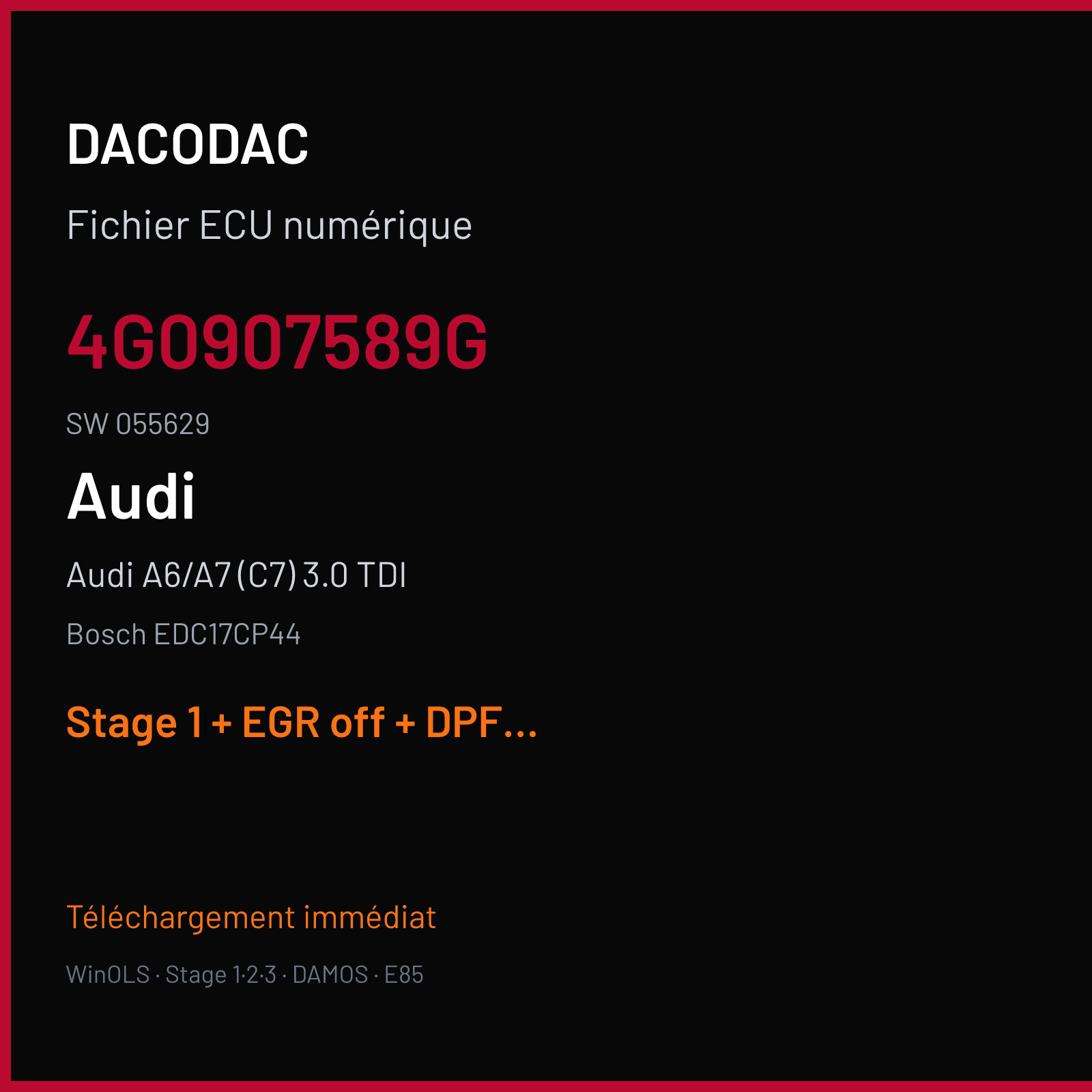 Audi A6/A7 (C7) 3.0 TDI — Bosch EDC17CP44 — 4G0907589G · 055629 — Stage 1 + EGR off + DPF off