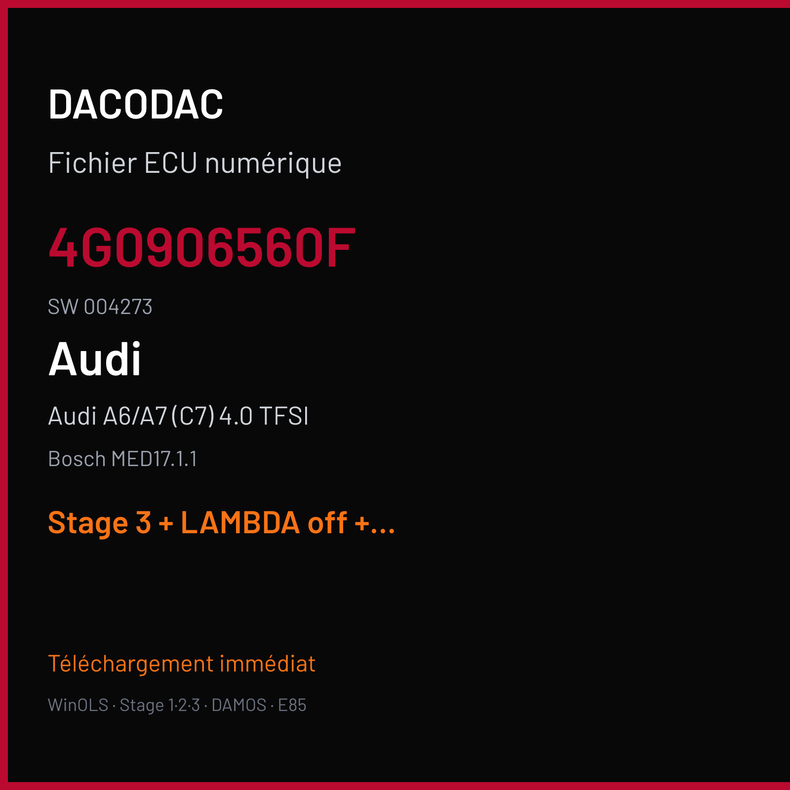 Audi A6/A7 (C7) 4.0 TFSI — Bosch MED17.1.1 — 4G0906560F · 004273 — Stage 3 + LAMBDA off + VMAX off