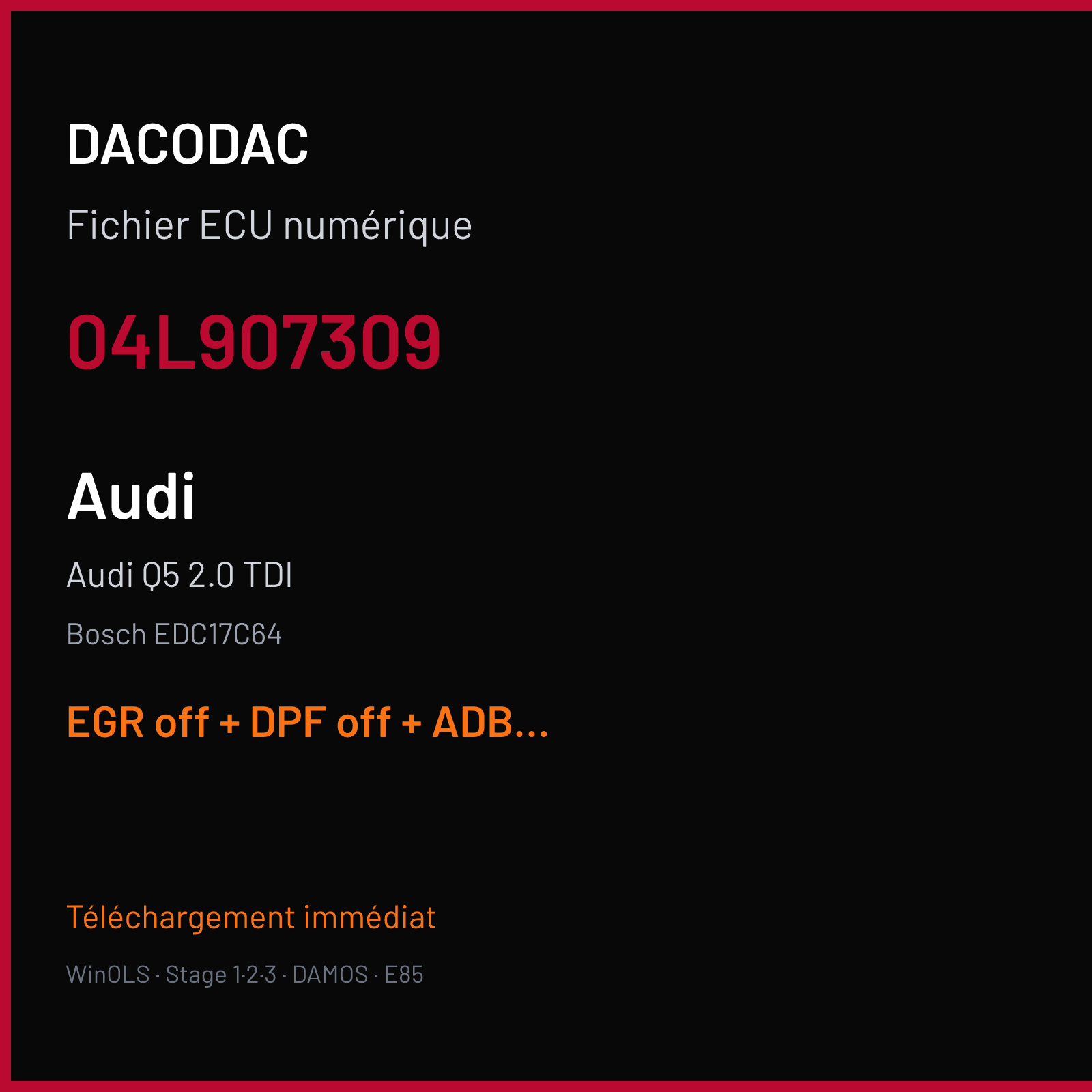 Audi Q5 2.0 TDI (2014) — Bosch EDC17C64 — 04L907309 — EGR off + DPF off + ADBLUE off + VMAX off