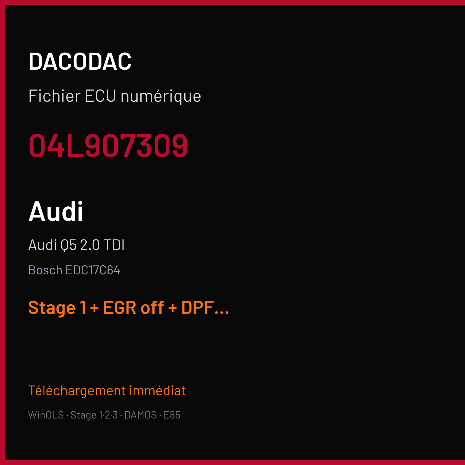 Audi Q5 2.0 TDI (2014) — Bosch EDC17C64 — 04L907309 — Stage 1 + EGR off + DPF off + ADBLUE off + VMAX off