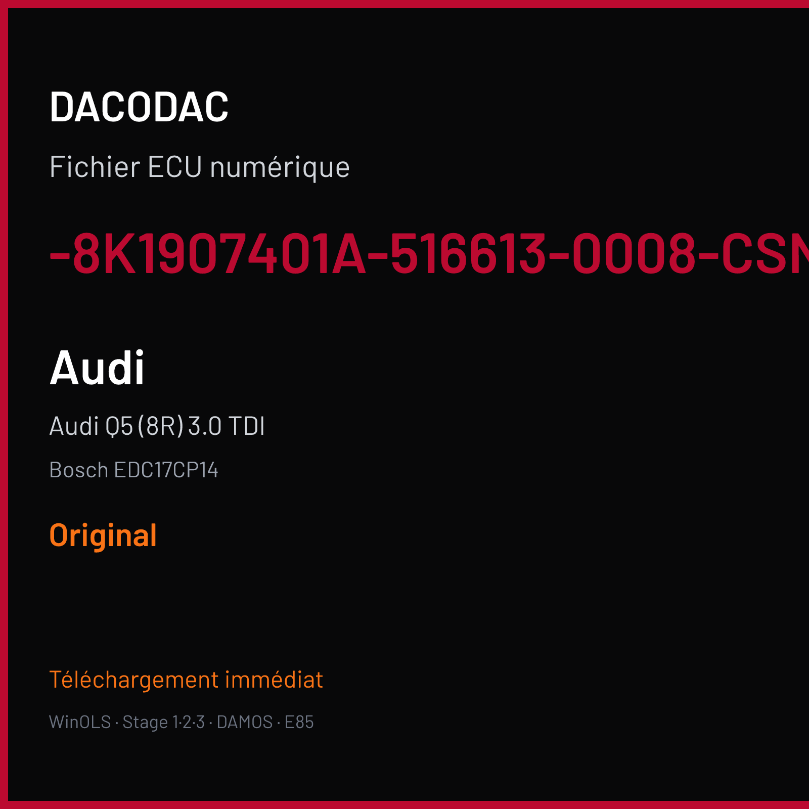 Audi Q5 (8R) 3.0 TDI (2008) — Bosch EDC17CP14 — -8K1907401A-516613-0008-CSNONE-STAGE-1-BIN — Original