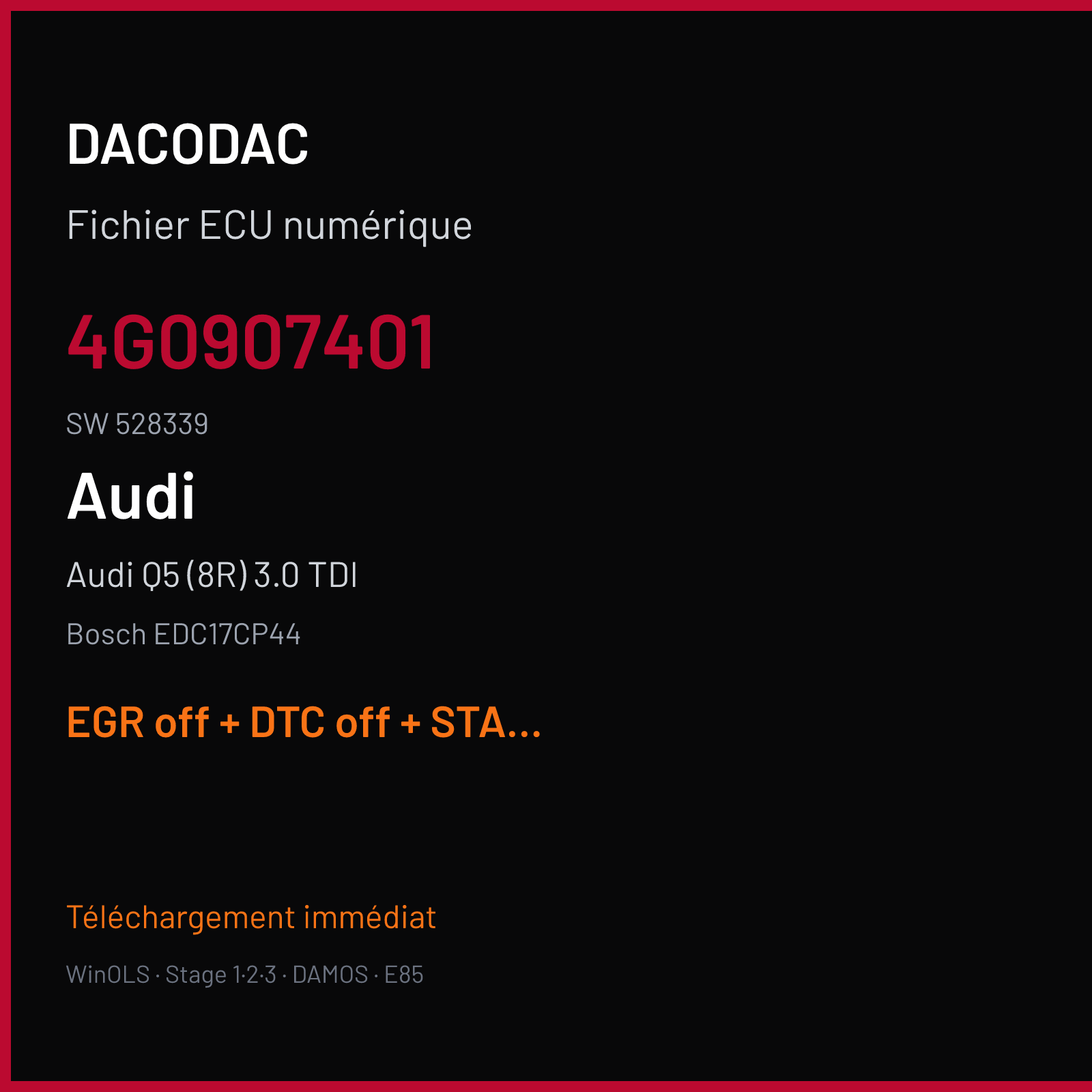 Audi Q5 (8R) 3.0 TDI (2013) — Bosch EDC17CP44 — 4G0907401 · 528339 — EGR off + DTC off + STARTSTOP off
