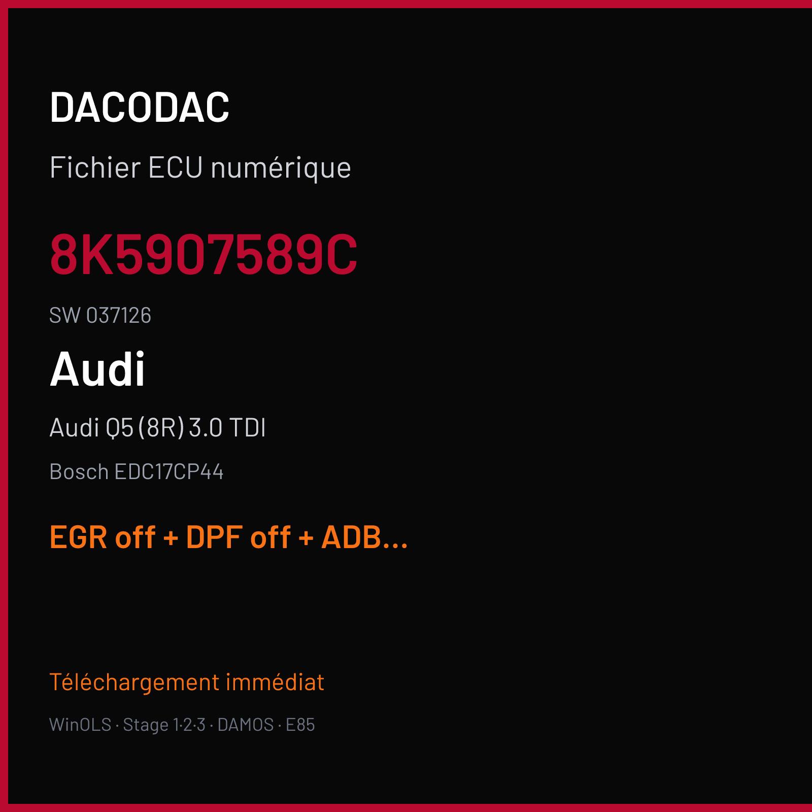 Audi Q5 (8R) 3.0 TDI (2015) — Bosch EDC17CP44 — 8K5907589C · 037126 — EGR off + DPF off + ADBLUE off
