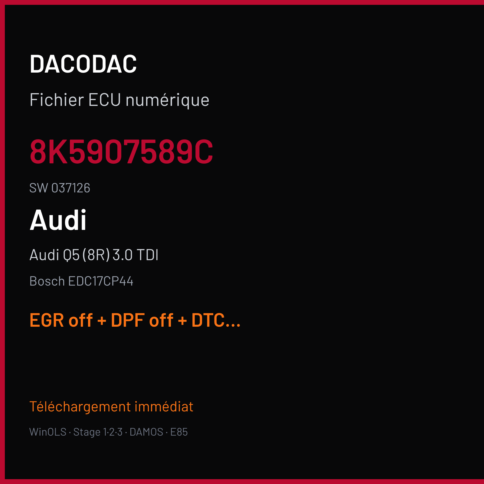 Audi Q5 (8R) 3.0 TDI (2018) — Bosch EDC17CP44 — 8K5907589C · 037126 — EGR off + DPF off + DTC off + VMAX off