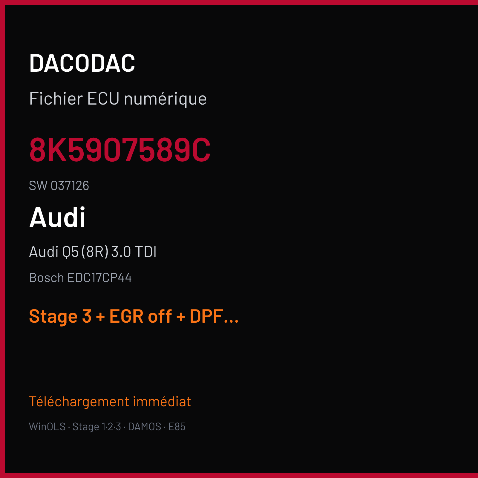 Audi Q5 (8R) 3.0 TDI (2018) — Bosch EDC17CP44 — 8K5907589C · 037126 — Stage 3 + EGR off + DPF off + DTC off