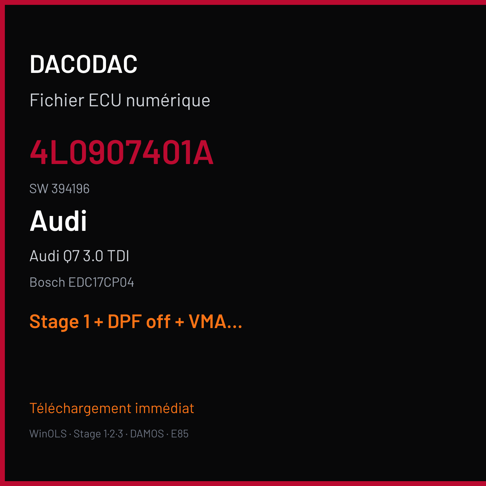 Audi Q7 3.0 TDI (2008) — Bosch EDC17CP04 — 4L0907401A · 394196 — Stage 1 + DPF off + VMAX off