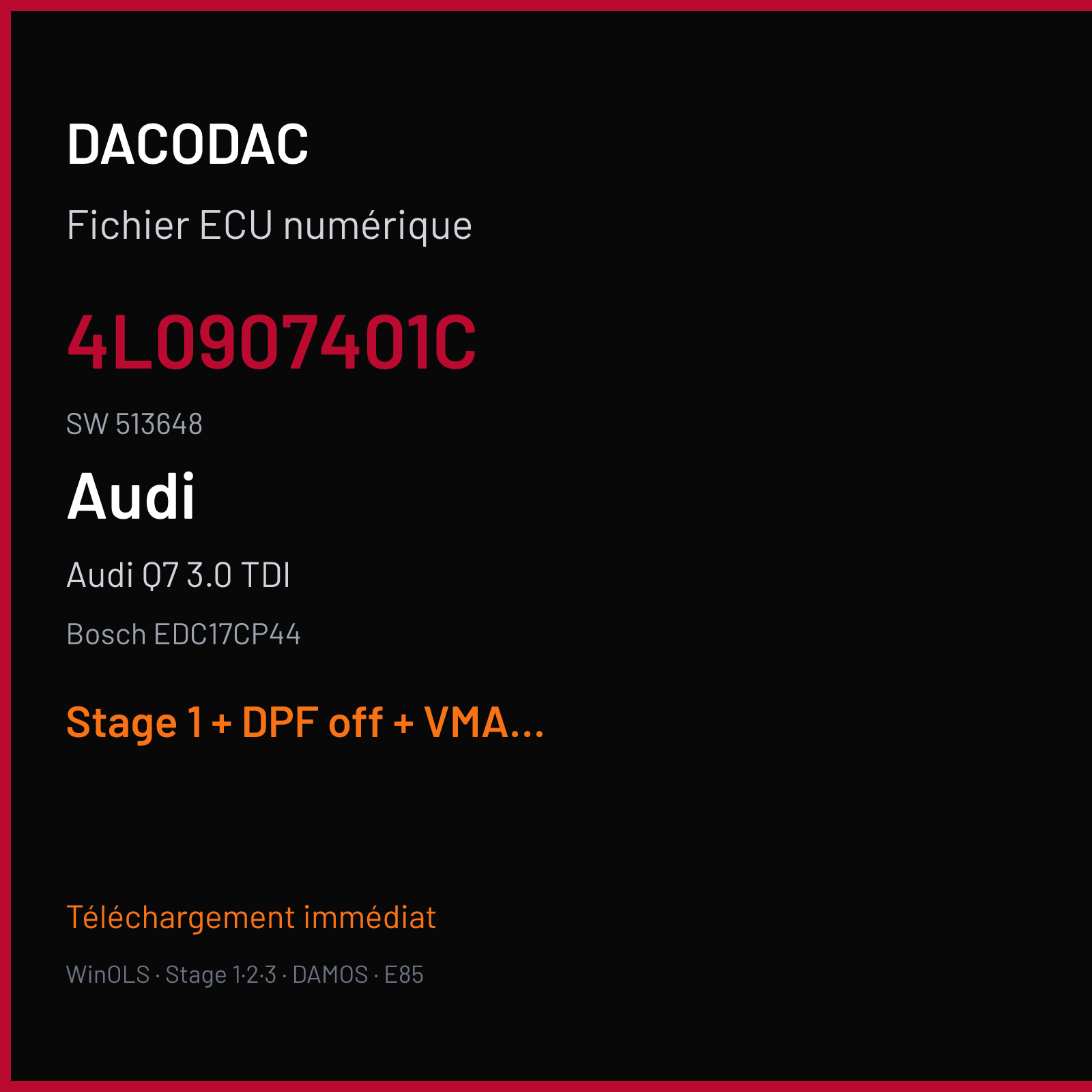 Audi Q7 3.0 TDI (2010) — Bosch EDC17CP44 — 4L0907401C · 513648 — Stage 1 + DPF off + VMAX off