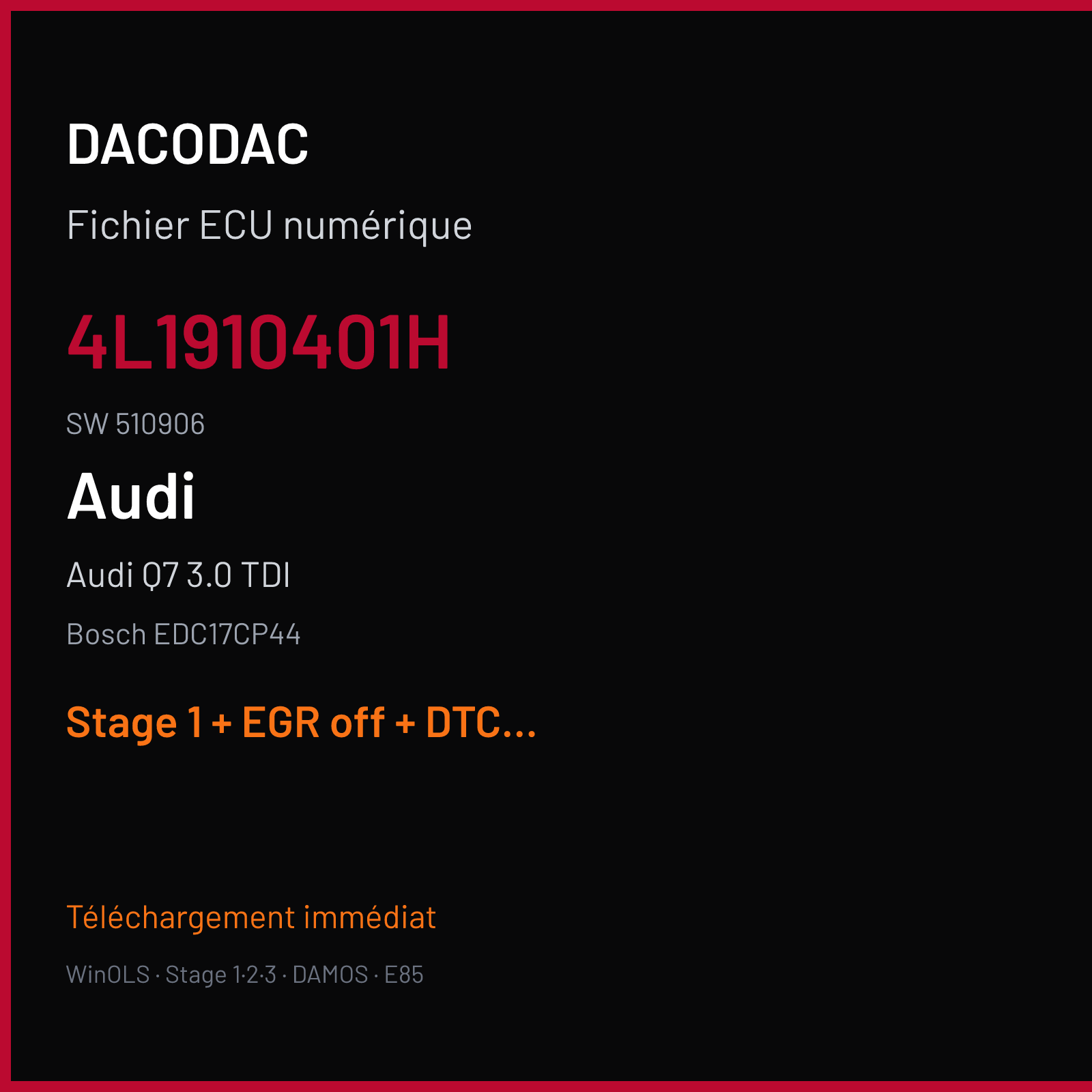 Audi Q7 3.0 TDI (2010) — Bosch EDC17CP44 — 4L1910401H · 510906 — Stage 1 + EGR off + DTC off