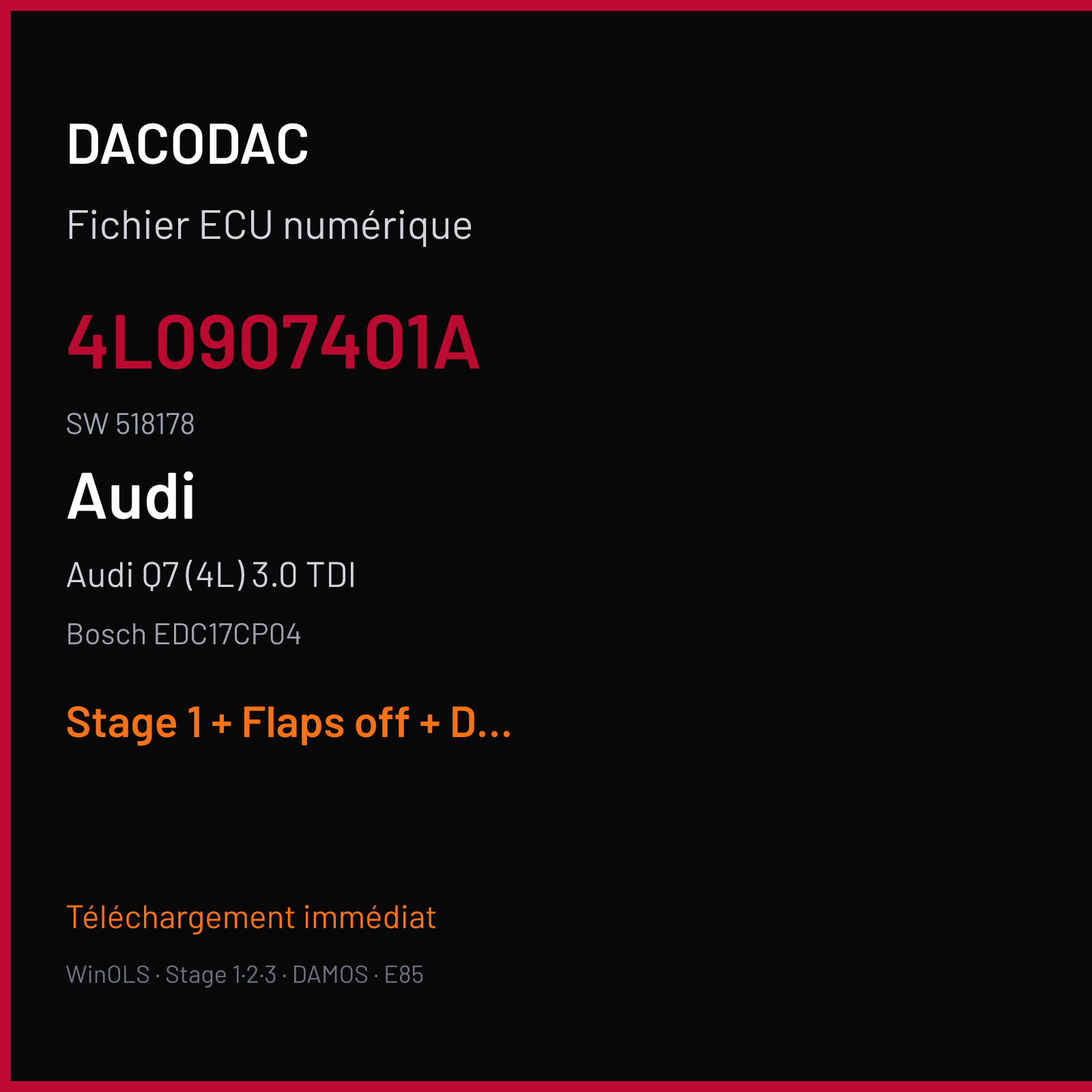 Audi Q7 (4L) 3.0 TDI (2009) — Bosch EDC17CP04 — 4L0907401A · 518178 — Stage 1 + Flaps off + DPF off