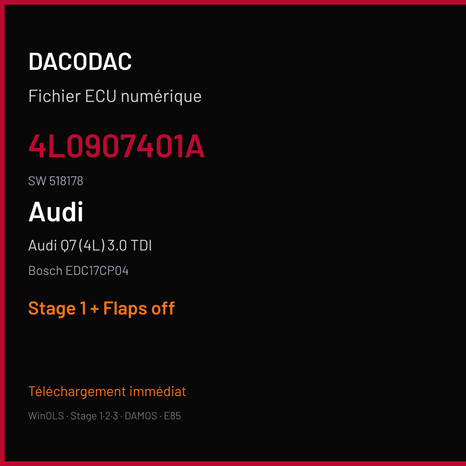Audi Q7 (4L) 3.0 TDI (2009) — Bosch EDC17CP04 — 4L0907401A · 518178 — Stage 1 + Flaps off