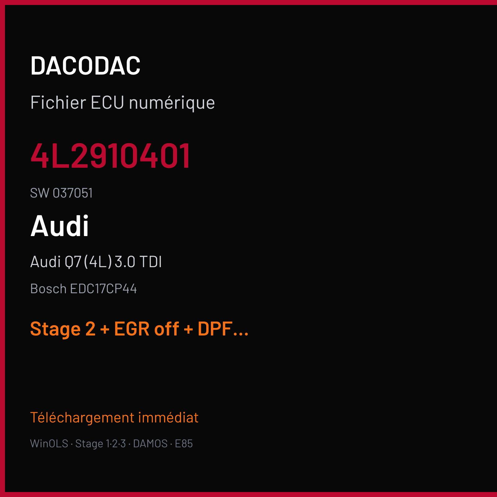 Audi Q7 (4L) 3.0 TDI (2010) — Bosch EDC17CP44 — 4L2910401 · 037051 — Stage 2 + EGR off + DPF off + ADBLUE off + VMAX off