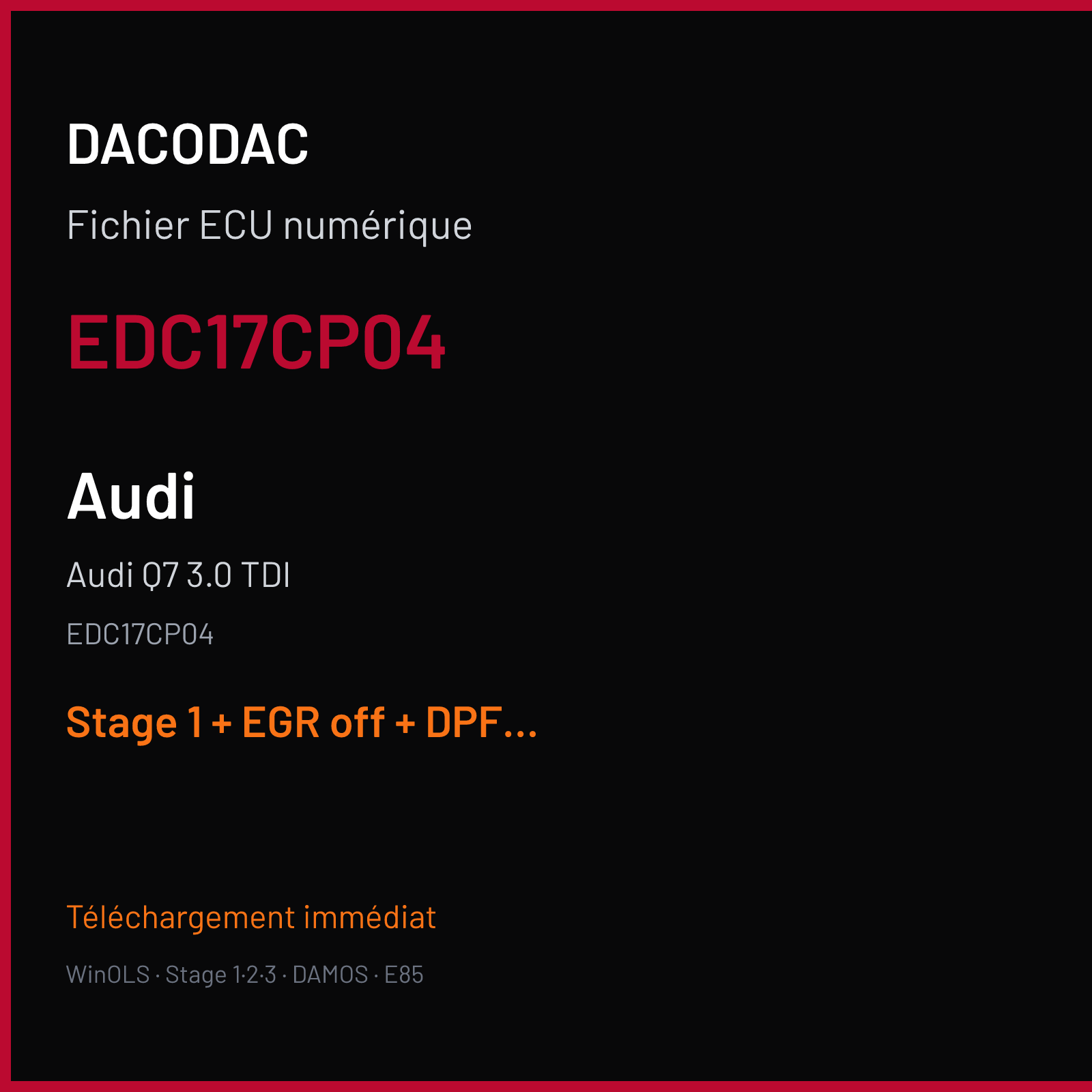 Audi Q7 3.0 TDI (2010) — EDC17CP04 — EDC17CP04 — Stage 1 + EGR off + DPF off + VMAX off