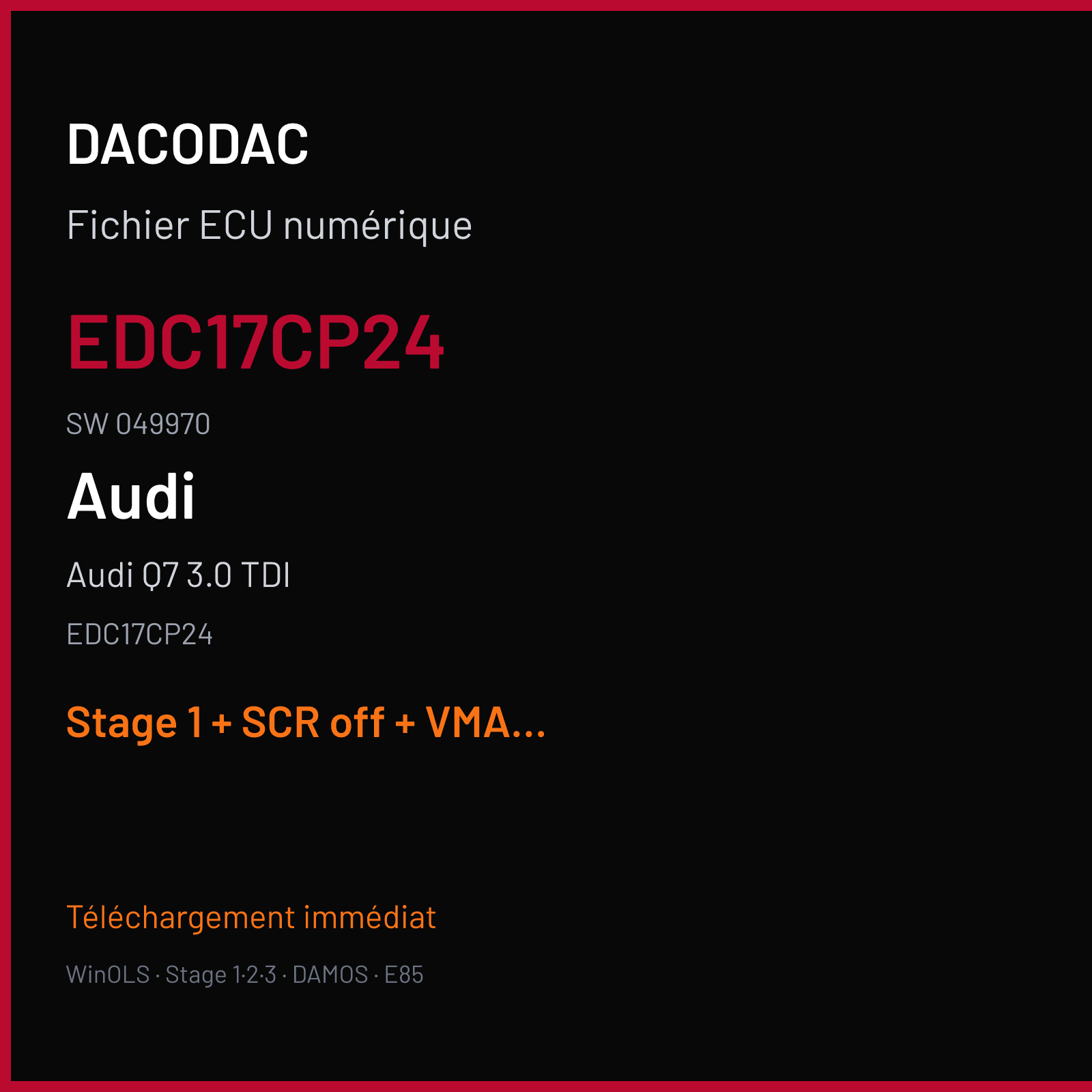 Audi Q7 3.0 TDI (2010) — EDC17CP24 — EDC17CP24 · 049970 — Stage 1 + SCR off + VMAX off