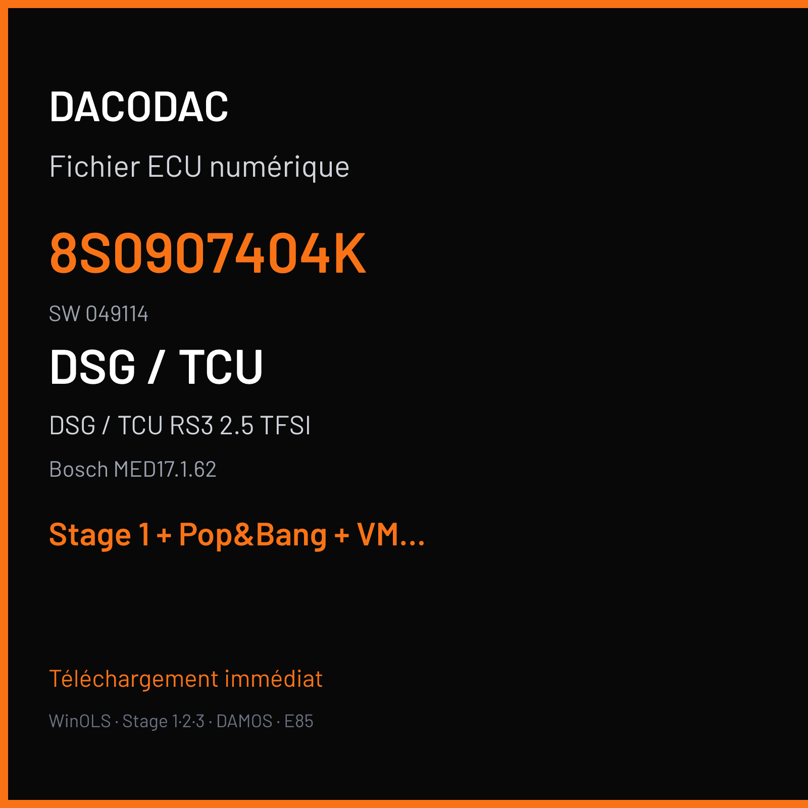 DSG / TCU RS3 2.5 TFSI (2020) — Bosch MED17.1.62 — 8S0907404K · 049114 — Stage 1 + Pop&Bang + VMAX off