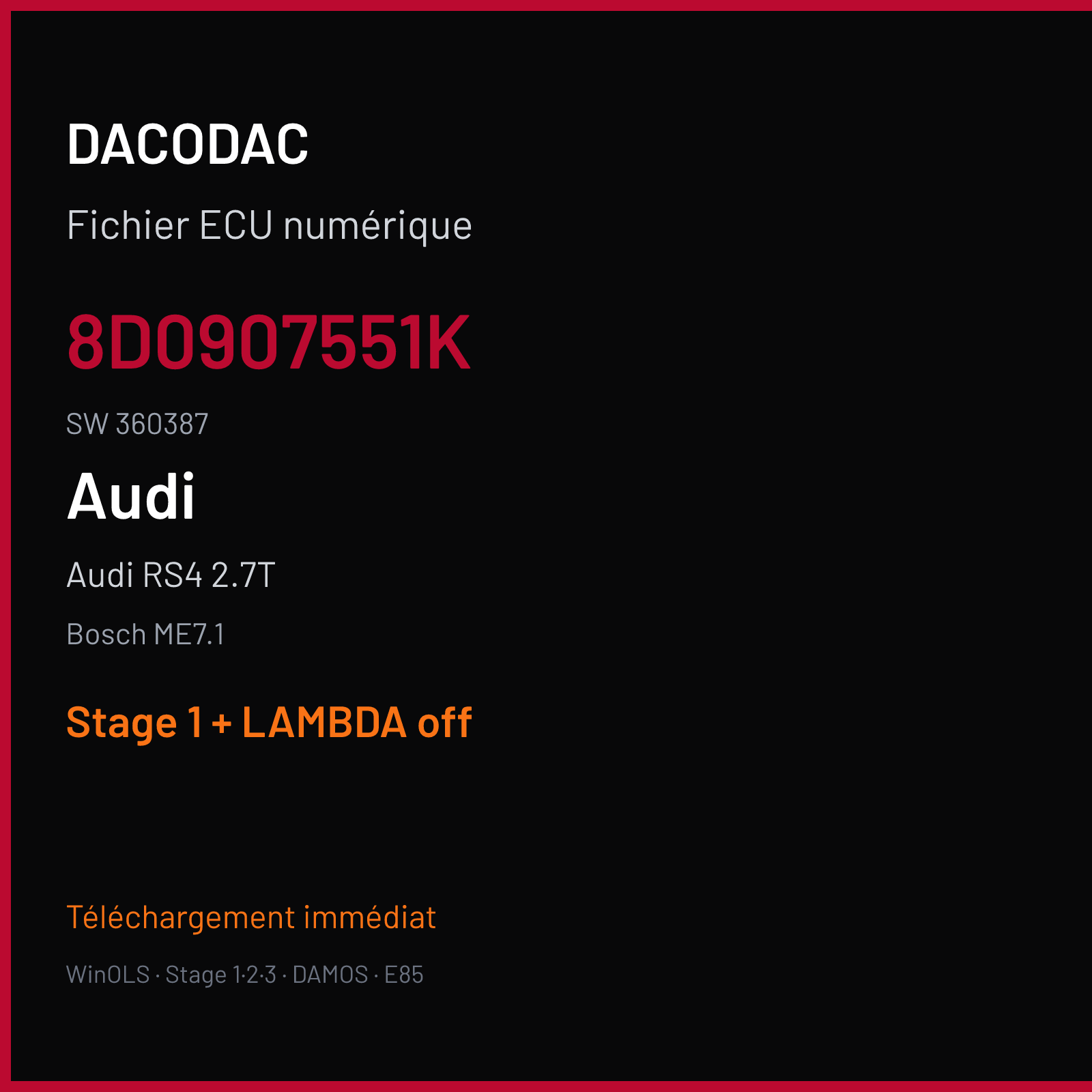 Audi RS4 2.7T — Bosch ME7.1 — 8D0907551K · 360387 — Stage 1 + LAMBDA off
