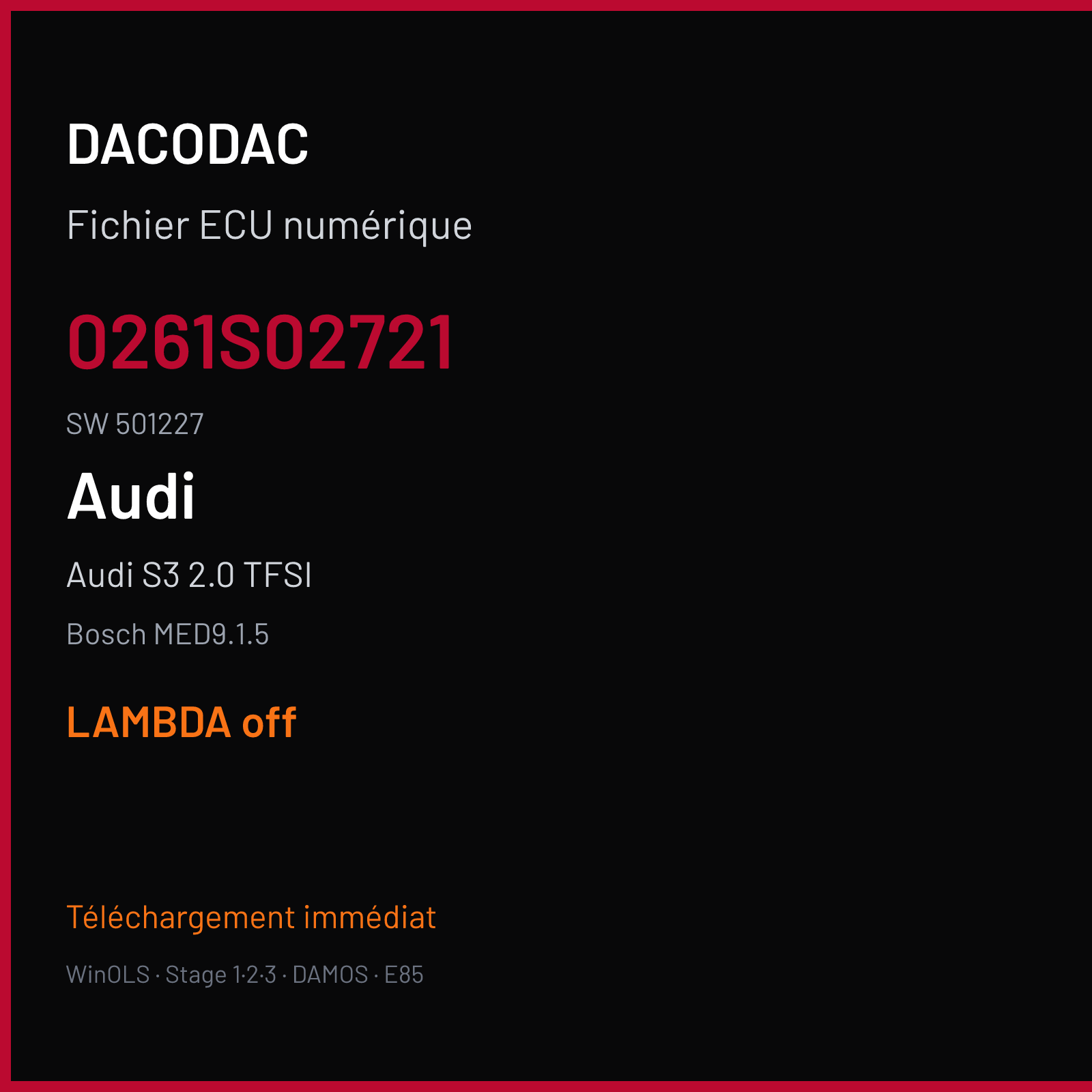 Audi S3 2.0 TFSI (2010) — Bosch MED9.1.5 — 0261S02721 · 501227 — LAMBDA off