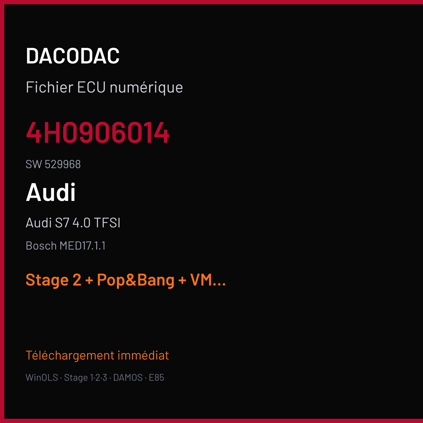 Audi S7 4.0 TFSI (2013) — Bosch MED17.1.1 — 4H0906014 · 529968 — Stage 2 + Pop&Bang + VMAX off