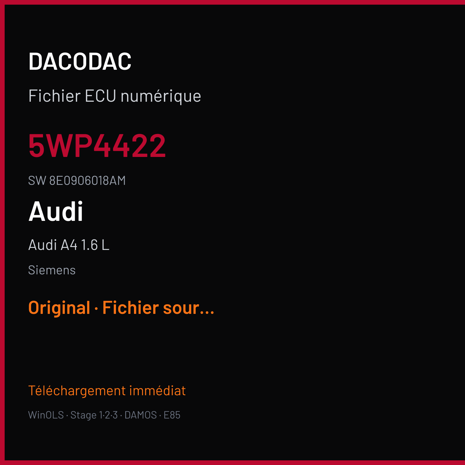 Audi A4 1.6 L 102 ch (2005) — Siemens — 5WP4422 · 8E0906018AM · S34C039000000 — Original