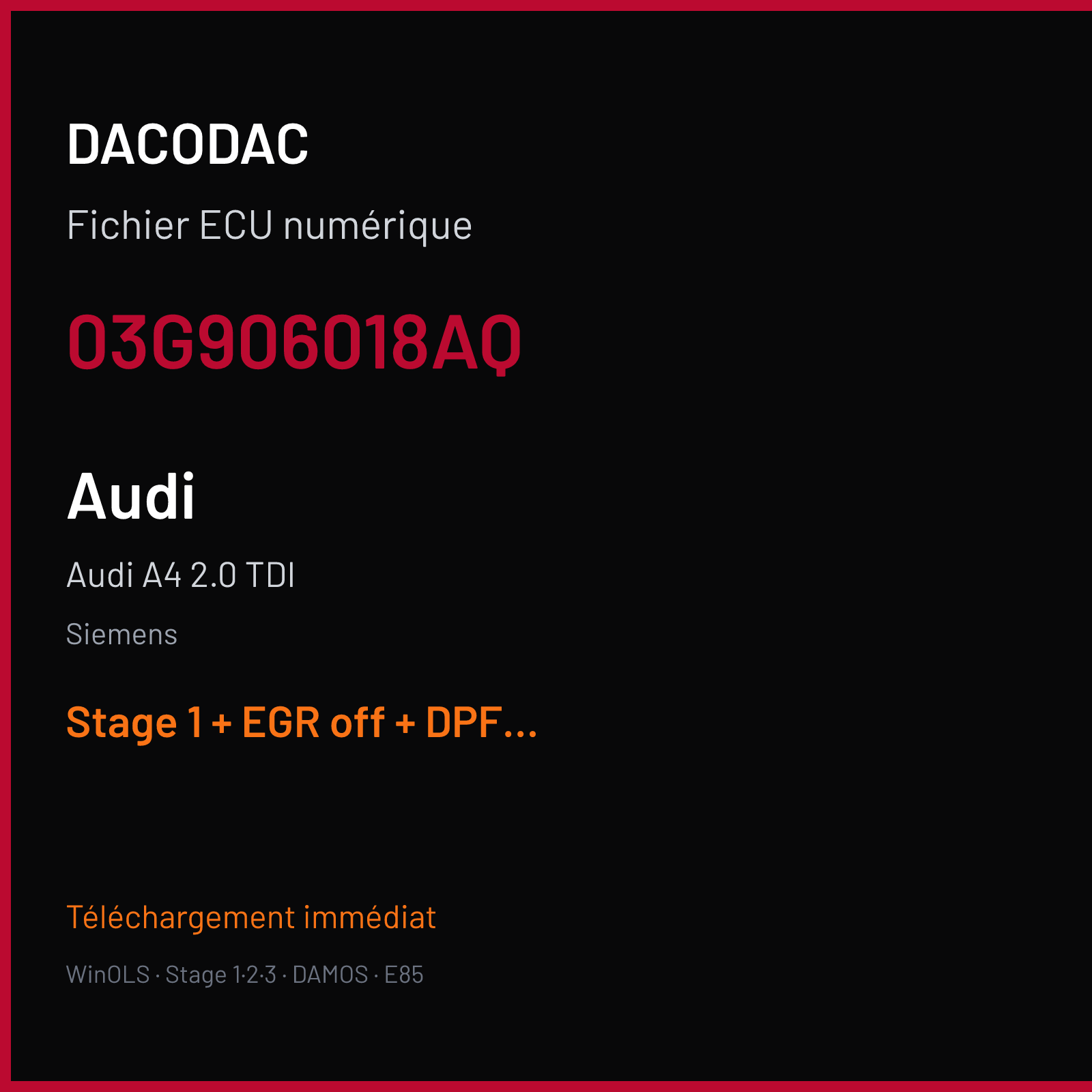 Audi A4 2.0 TDI (2008) — Siemens — 03G906018AQ — Stage 1 + EGR off + DPF off