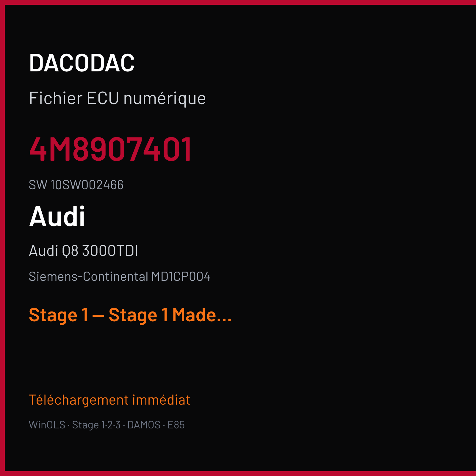 Audi Q8 3000TDI (2018) — Siemens-Continental MD1CP004 — 4M8907401 · 10SW002466 — Stage 1 — Stage 1 Made from good file