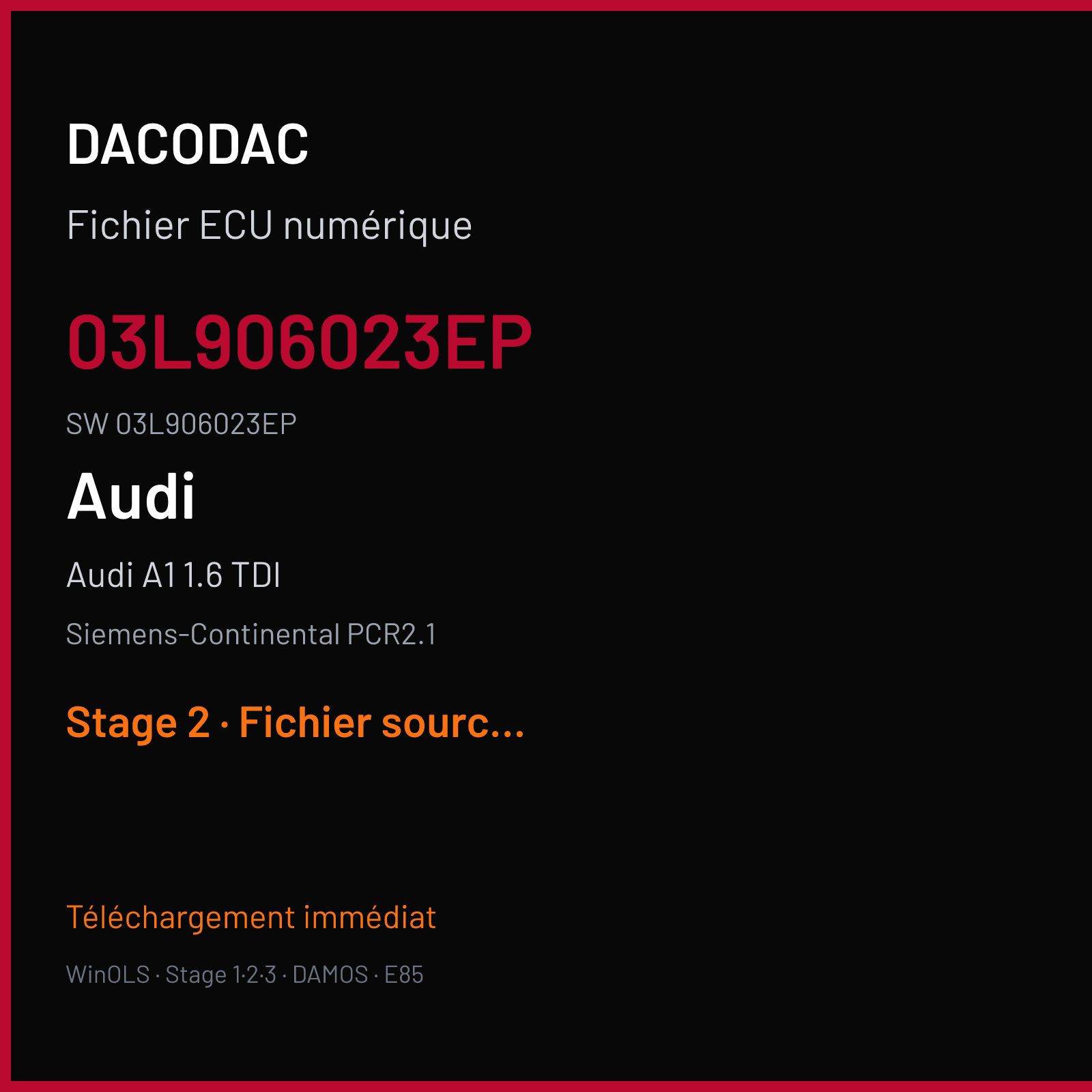 Audi A1 1.6 TDI 90 ch (2012) — Siemens-Continental PCR2.1 — 03L906023EP · 03L906023EP · SM2M00 — Stage 2