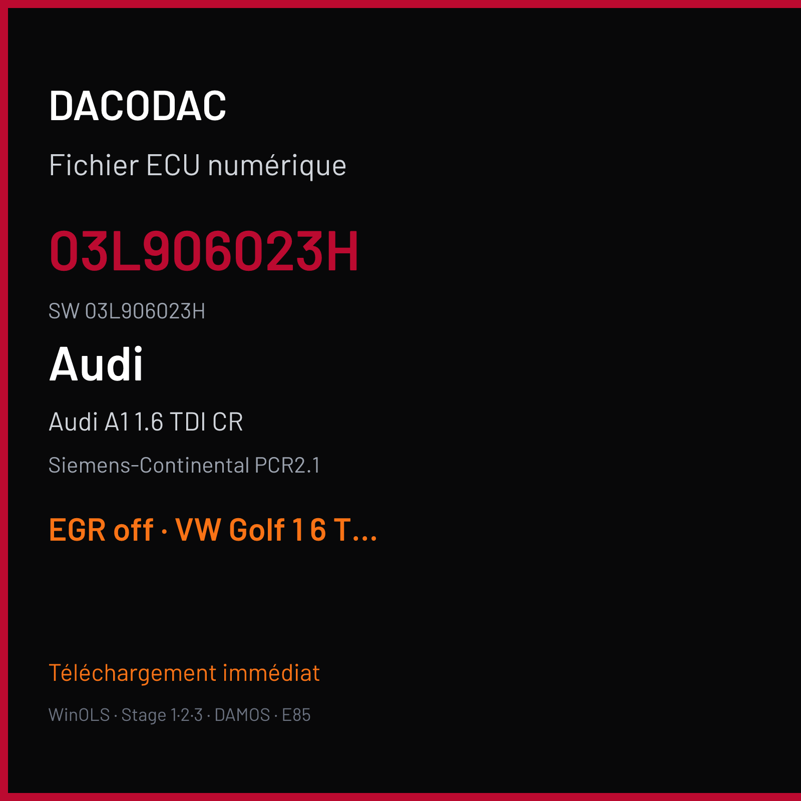 Audi A1 1.6 TDI CR 105 ch (2011) — Siemens-Continental PCR2.1 — 03L906023H · 03L906023H · SM2F0K3000000 — EGR off