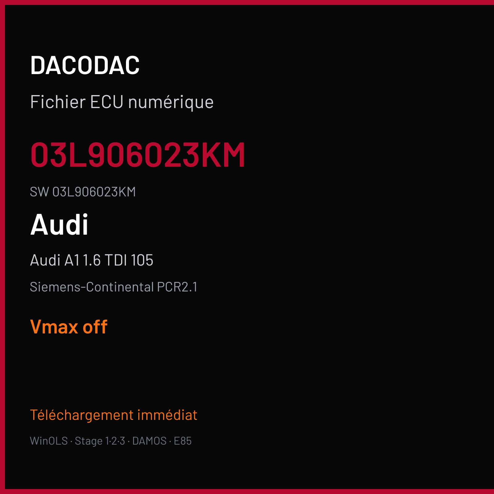 Audi A1 1.6 TDI 105 105 ch — Siemens-Continental PCR2.1 — 03L906023KM · 03L906023KM · SM2G0P2000000 — VMAX off