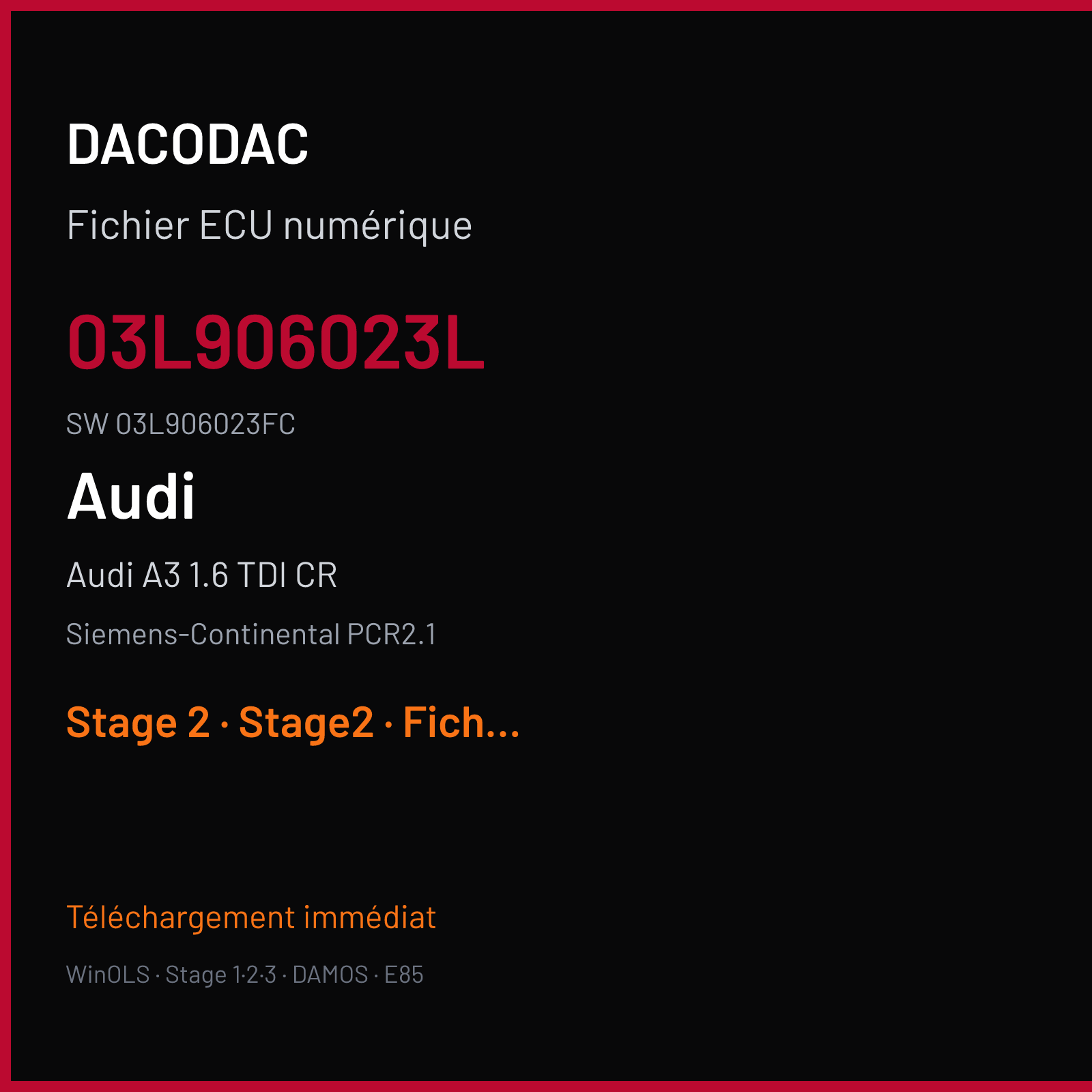 Audi A3 1.6 TDI CR 90 ch (2010) — Siemens-Continental PCR2.1 — 03L906023L · 03L906023FC · 9979 SM2G0P2000000 — Stage 2