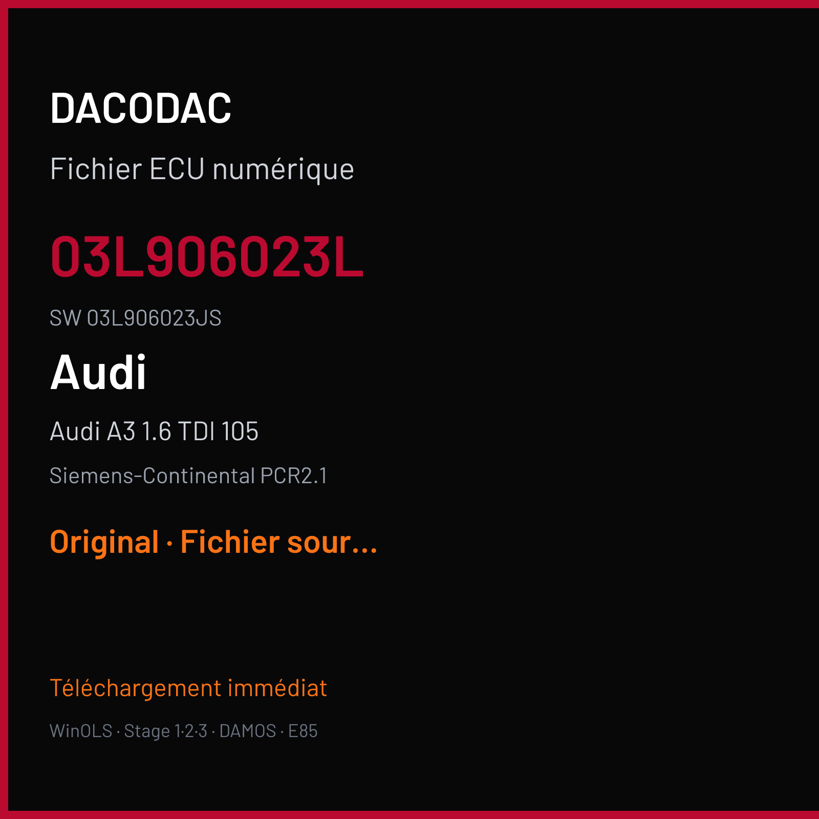 Audi A3 1.6 TDI 105 105 ch (2010) — Siemens-Continental PCR2.1 — 03L906023L · 03L906023JS · SM2G0P3000000 — Original