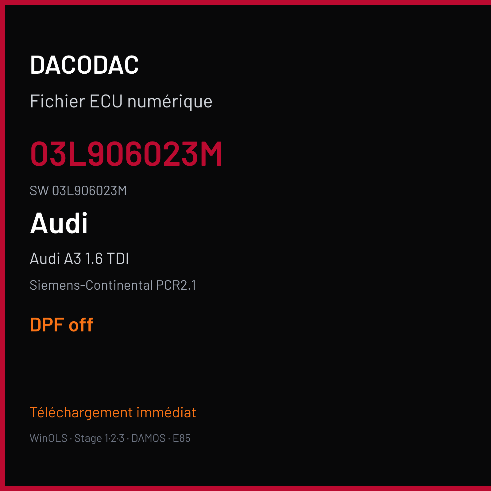 Audi A3 1.6 TDI 105 ch (2009) — Siemens-Continental PCR2.1 — 03L906023M · 03L906023M · SM2G0P2000000 — DPF off