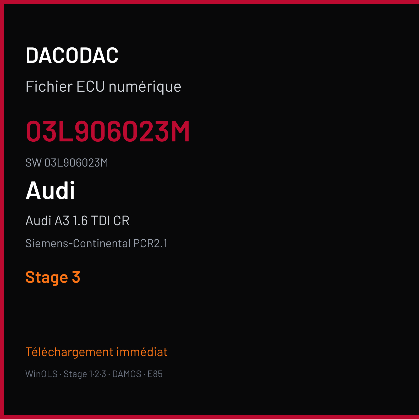 Audi A3 1.6 TDI CR 105 ch (2011) — Siemens-Continental PCR2.1 — 03L906023M · 03L906023M · SM2F0G4000000 — Stage 3