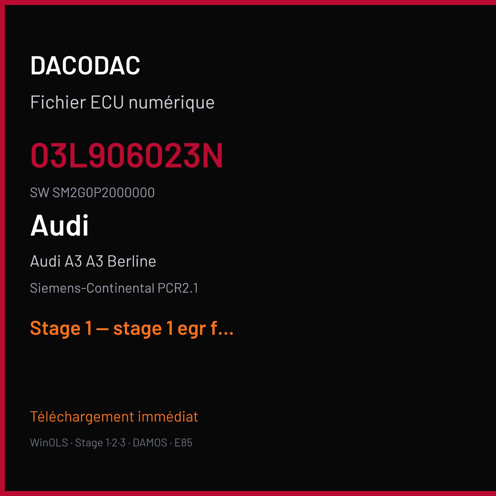 Audi A3 A3 Berline (2010) — Siemens-Continental PCR2.1 — 03L906023N · SM2G0P2000000 — Stage 1 — stage 1 egr ff vmax off