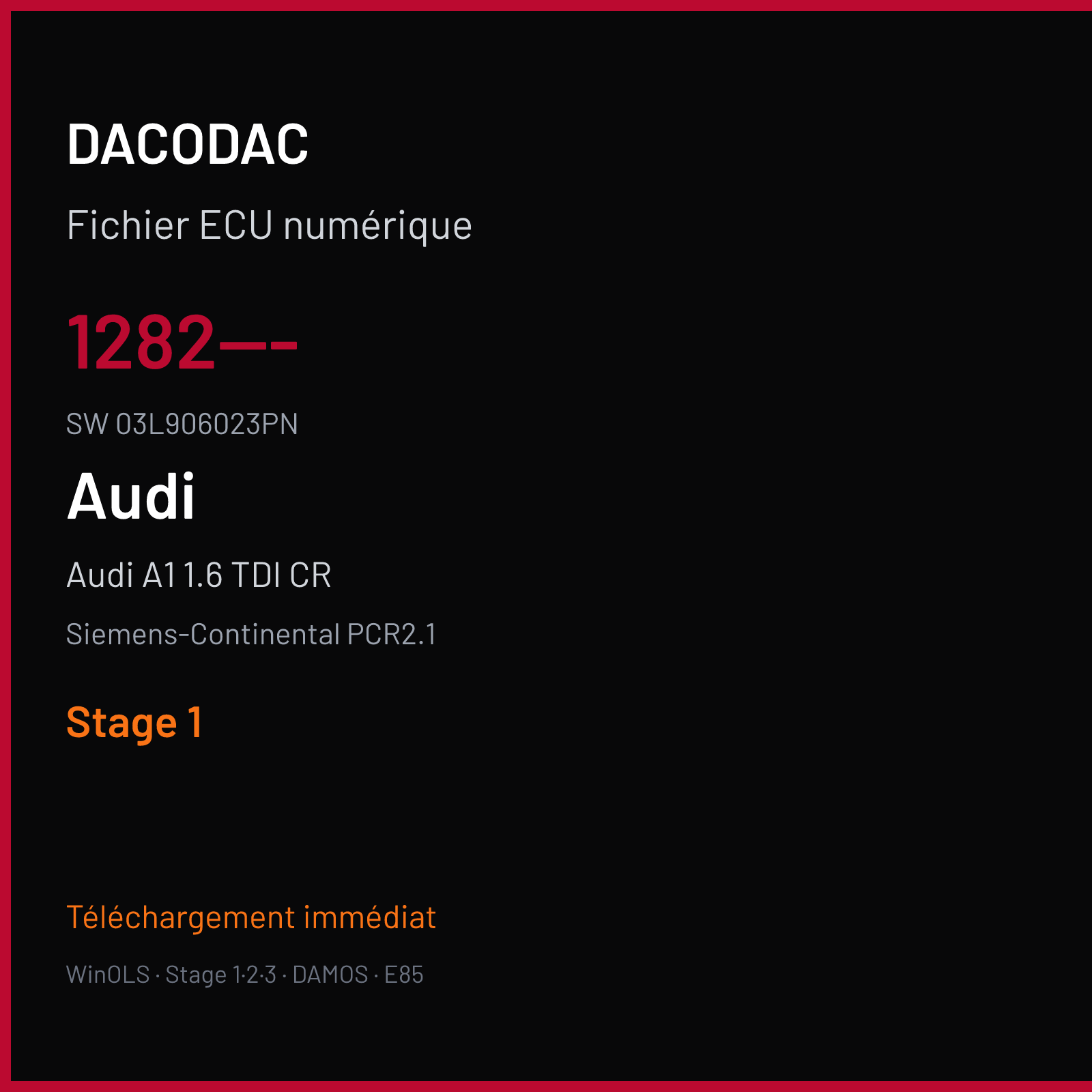 Audi A1 1.6 TDI CR 90 ch — Siemens-Continental PCR2.1 — 1282--- · 03L906023PN · SM2F0L9500000 — Stage 1