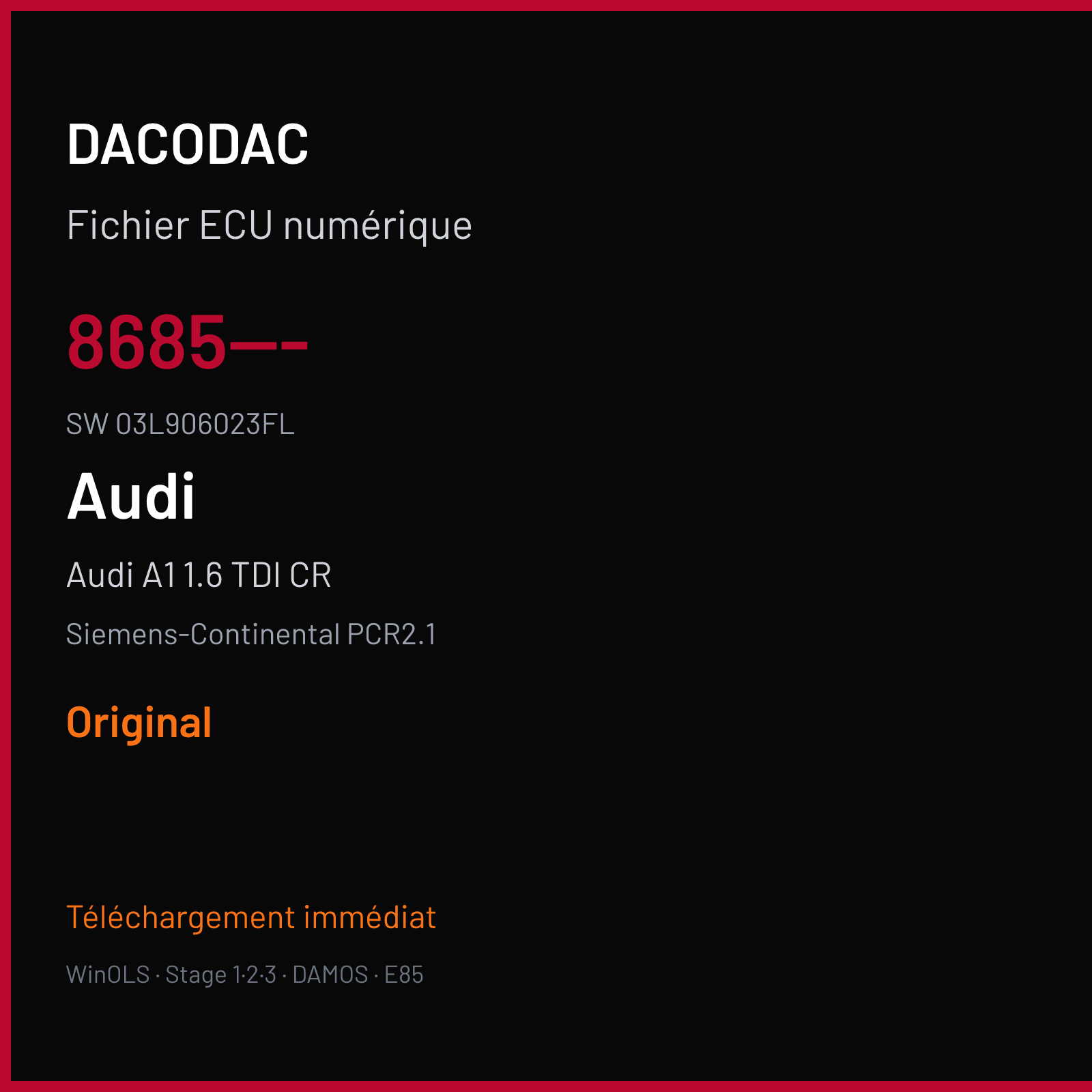 Audi A1 1.6 TDI CR 102 ch — Siemens-Continental PCR2.1 — 8685--- · 03L906023FL · SM2F0L9500000 — Original