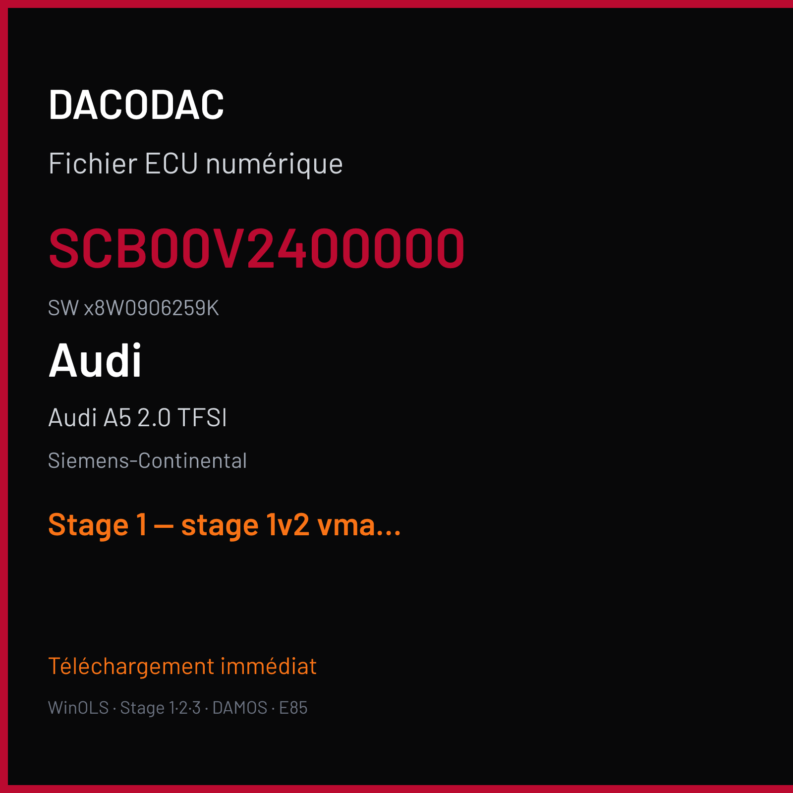 Audi A5 2.0 TFSI (2017) — Siemens-Continental — SCB00V2400000 · x8W0906259K — Stage 1 — stage 1v2 vmax off rpm limit mod catalyst off