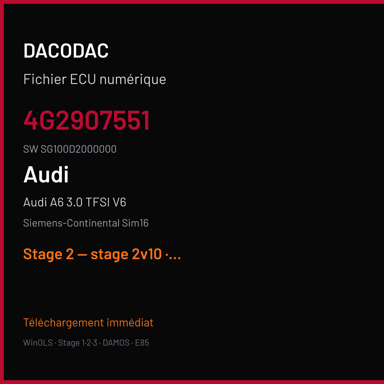 Audi A6 3.0 TFSI V6 (2016) — Siemens-Continental Sim16 — 4G2907551 · SG100D2000000 — Stage 2 — stage 2v10