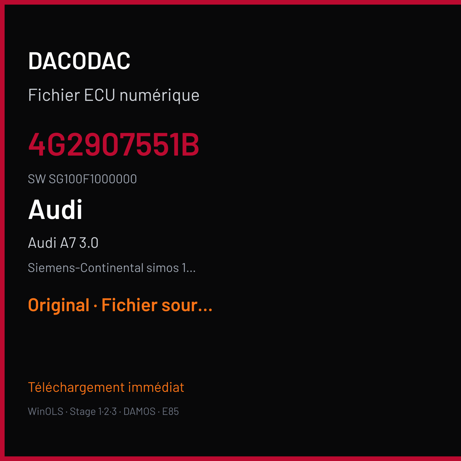 Audi A7 3.0 (2016) — Siemens-Continental simos 16.1 — 4G2907551B · SG100F1000000 — Original