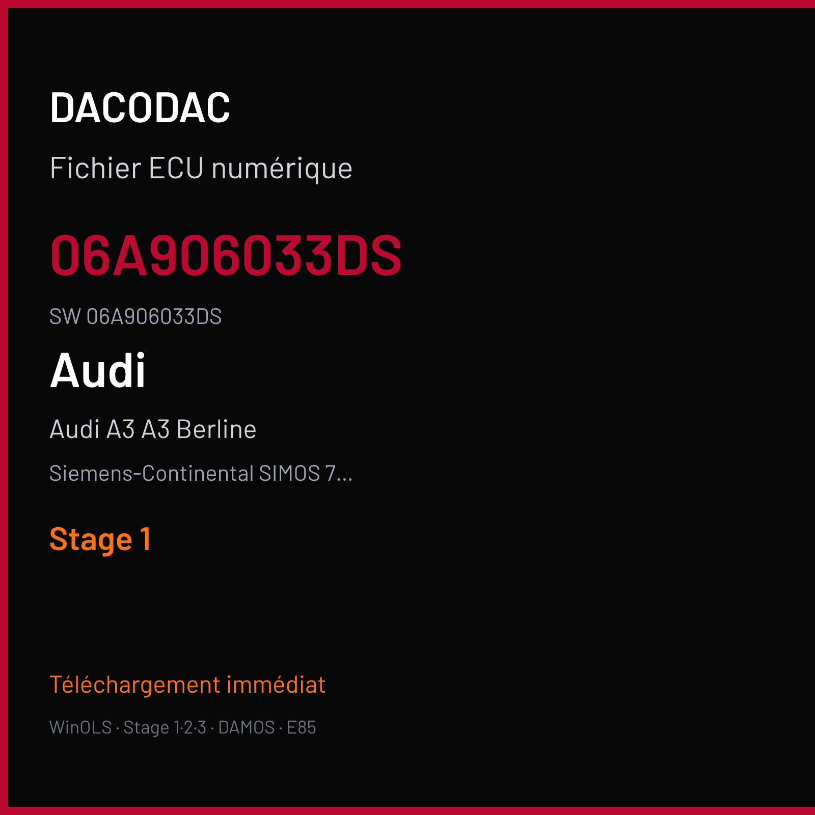 Audi A3 A3 Berline 102 ch (2003) — Siemens-Continental SIMOS 7.1 — 06A906033DS · 06A906033DS · S712010000000 — Stage 1