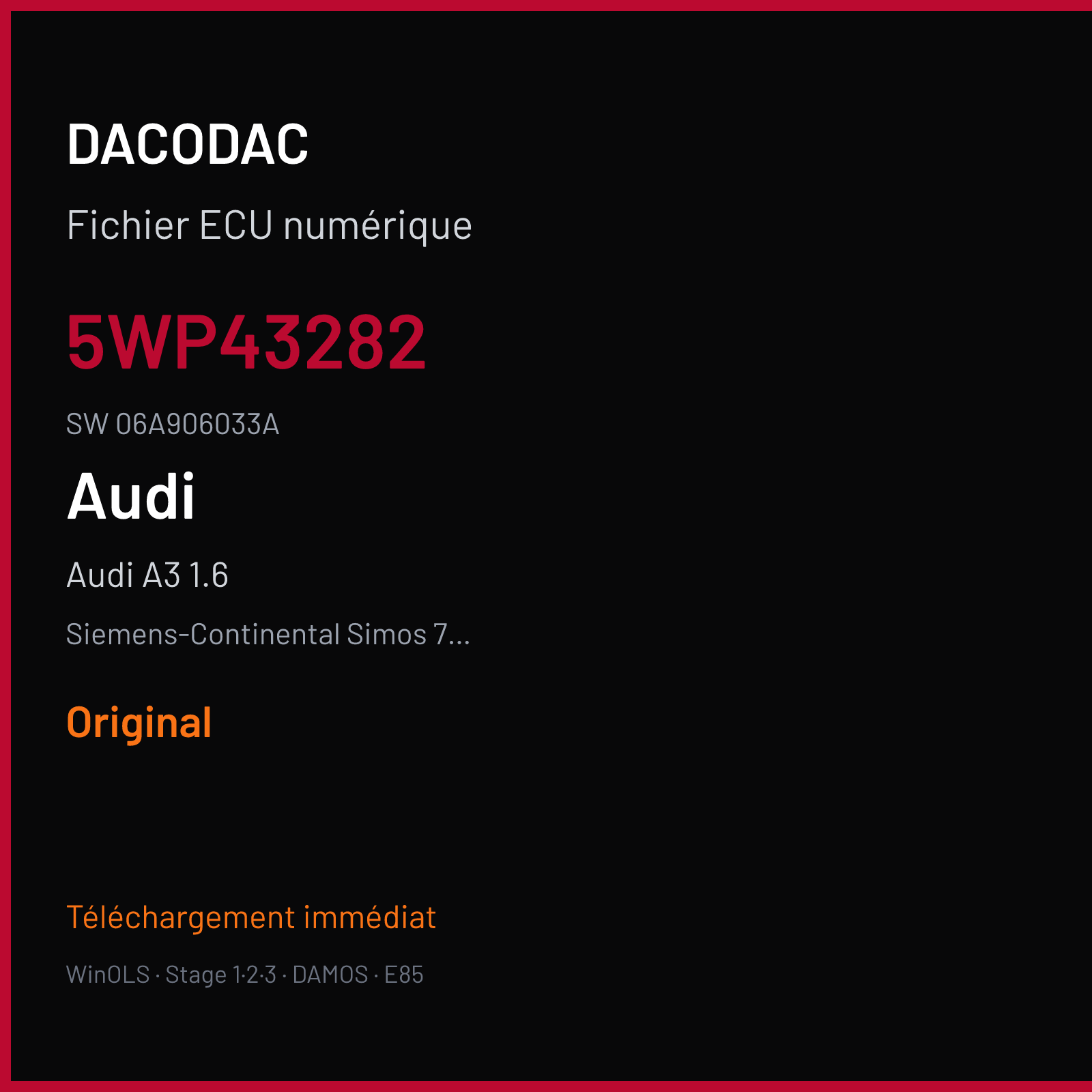 Audi A3 1.6 101 ch (2002) — Siemens-Continental Simos 7.1A — 5WP43282 · 06A906033A · S337031000000 — Original