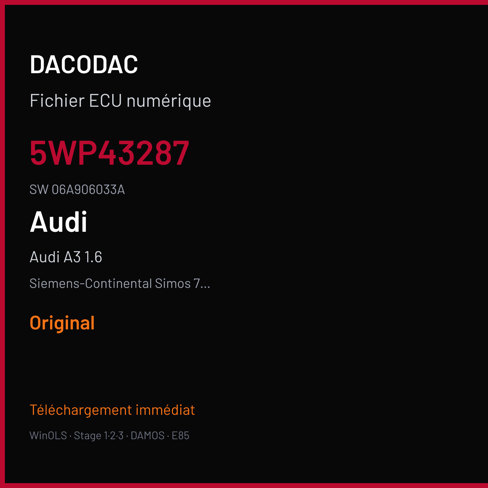 Audi A3 1.6 100 ch (2004) — Siemens-Continental Simos 7.1A — 5WP43287 · 06A906033A · S337031000000 — Original