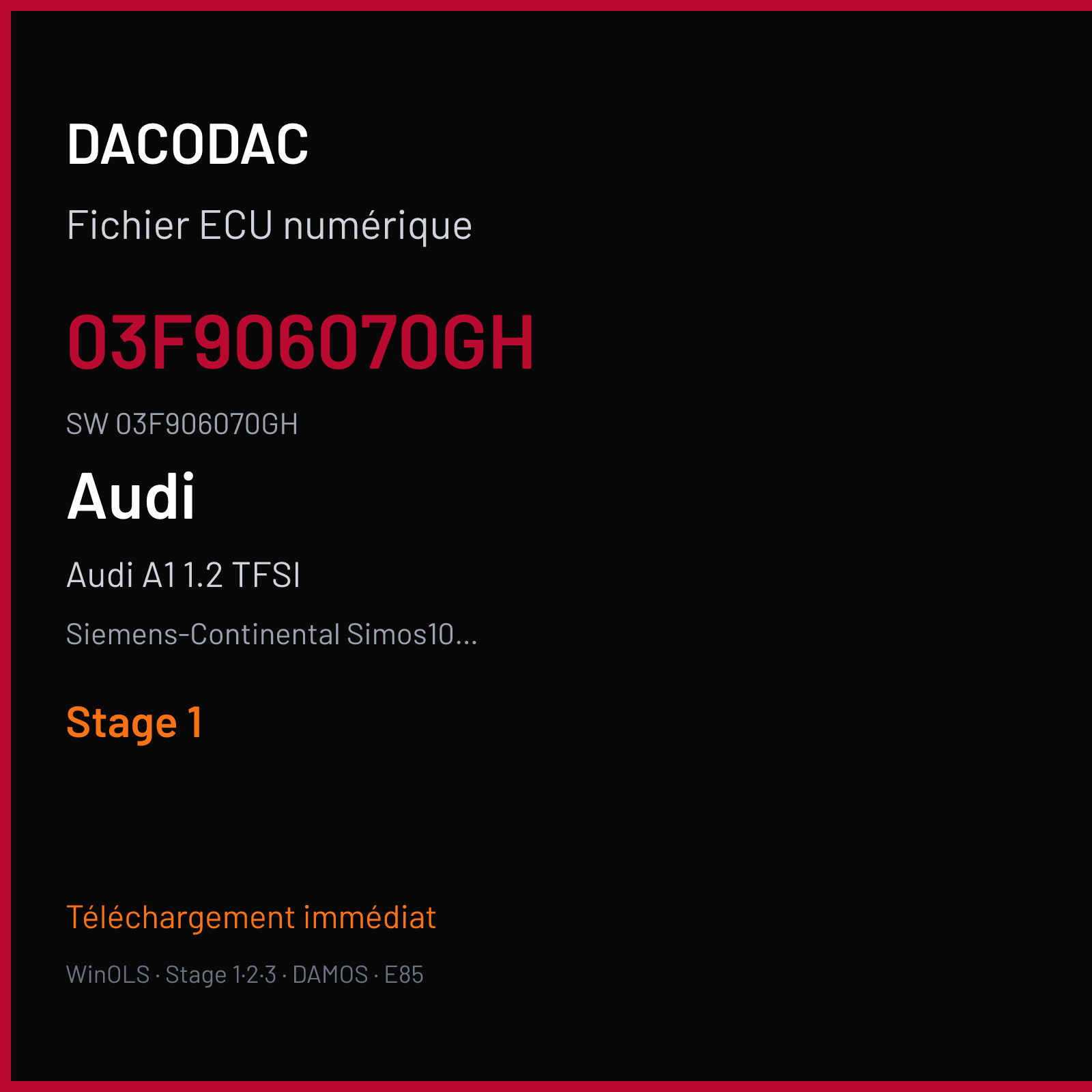 Audi A1 1.2 TFSI 105 ch (2012) — Siemens-Continental Simos10.10 — 03F906070GH · 03F906070GH · SA300O1000000 — Stage 1
