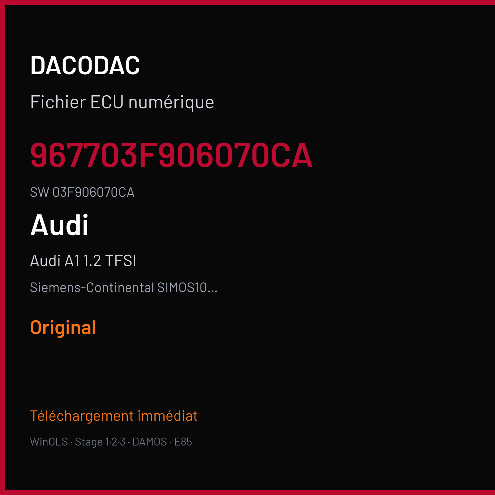 Audi A1 1.2 TFSI 86 ch (2014) — Siemens-Continental SIMOS10.2x — 967703F906070CA · 03F906070CA · SA300M2000000 — Original