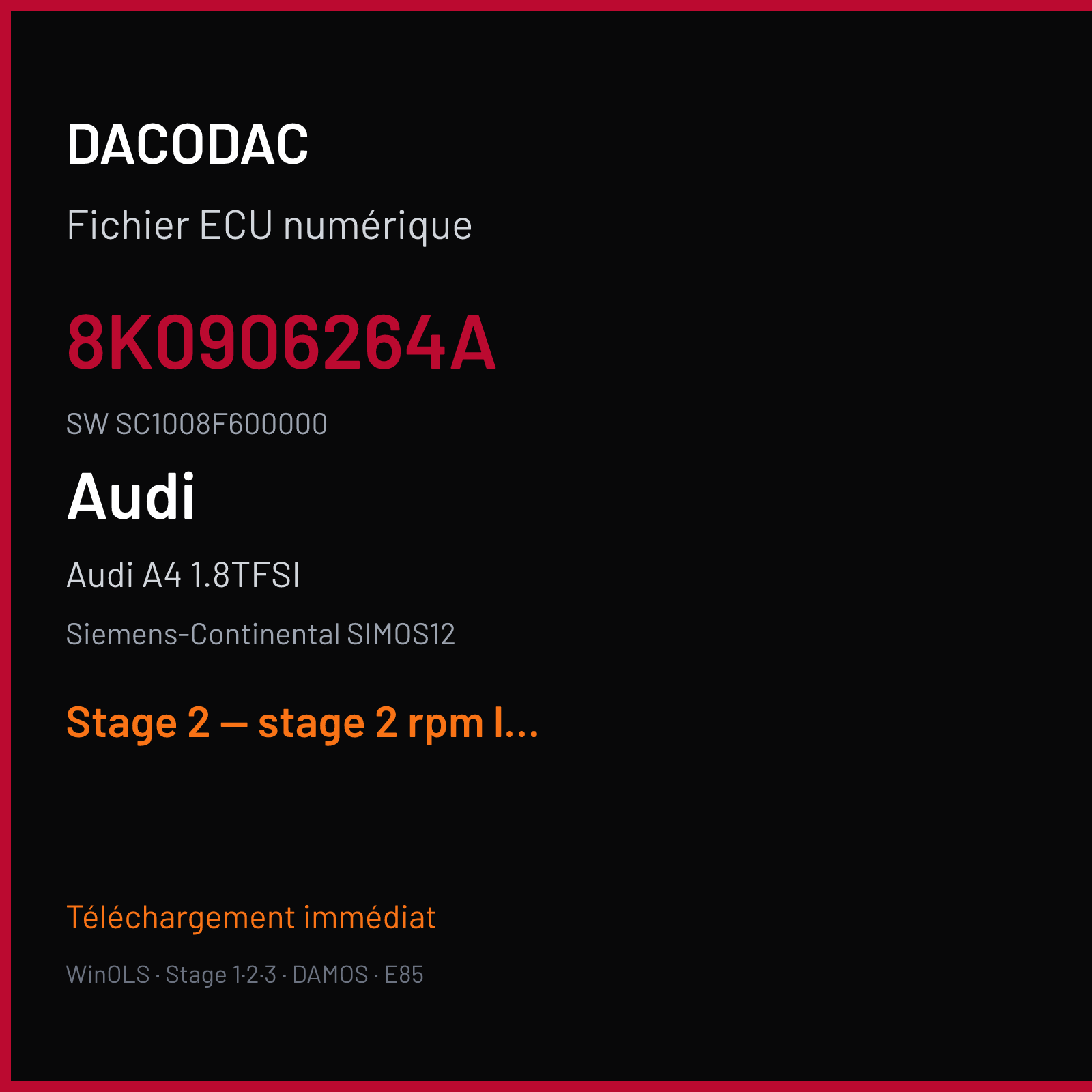 Audi A4 1.8TFSI (2015) — Siemens-Continental SIMOS12 — 8K0906264A · SC1008F600000 — Stage 2 — stage 2 rpm limit mod vmax off catalyst off limited mappack