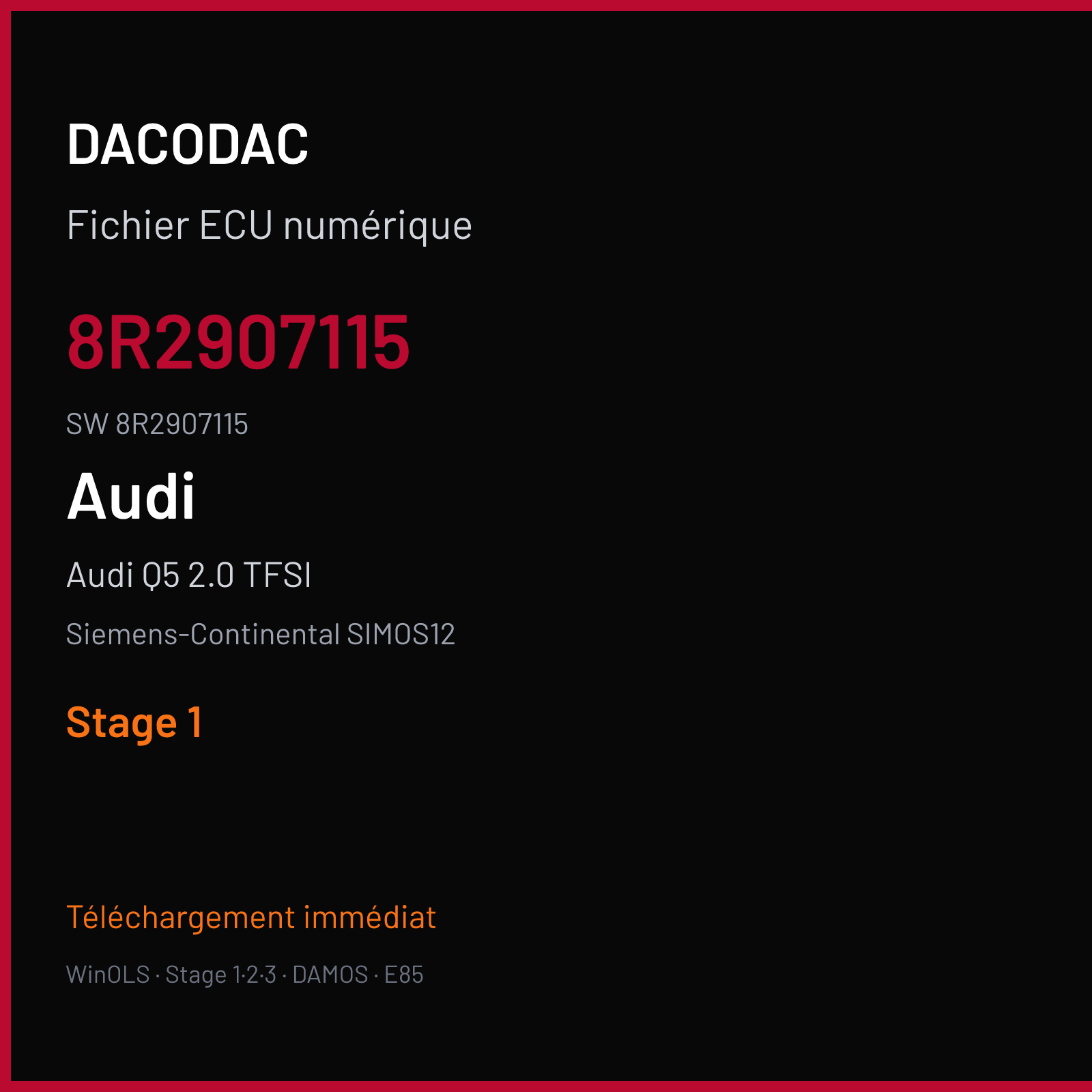 Audi Q5 2.0 TFSI 225 ch (2013) — Siemens-Continental SIMOS12 — 8R2907115 · 8R2907115 · SC100C5800000 — Stage 1