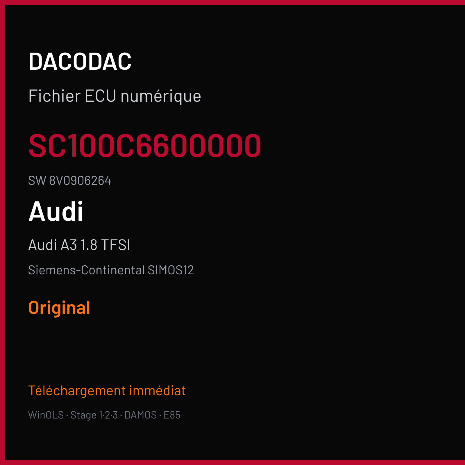 Audi A3 1.8 TFSI 180 ch — Siemens-Continental SIMOS12 — SC100C6600000 · 8V0906264 — Original
