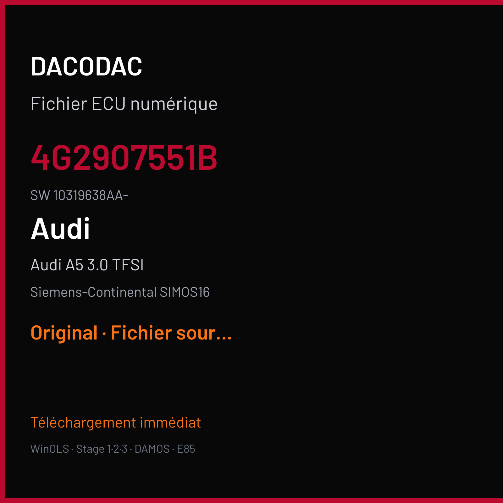Audi A5 3.0 TFSI 272 ch (2014) — Siemens-Continental SIMOS16 — 4G2907551B · 10319638AA- · SG100F1000000 — Original