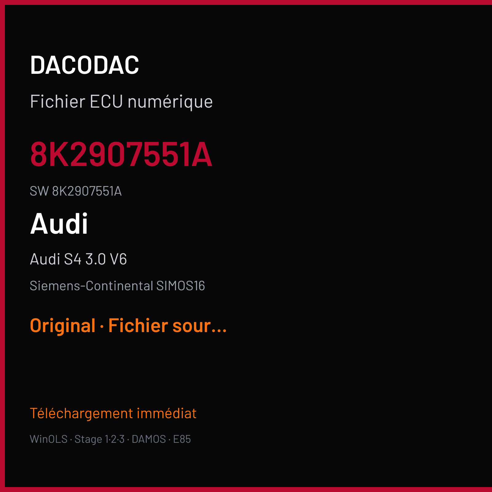 Audi S4 3.0 V6 333 ch (2016) — Siemens-Continental SIMOS16 — 8K2907551A · 8K2907551A · SG100F1000000 — Original