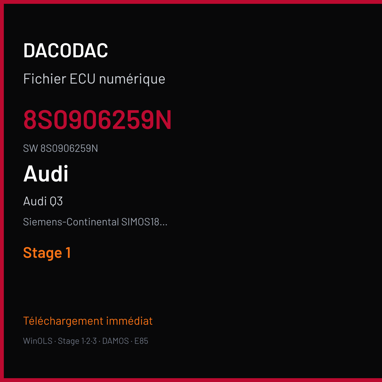 Audi Q3 245 ch — Siemens-Continental SIMOS18.10 — 8S0906259N · 8S0906259N · SCG00A1000000 — Stage 1