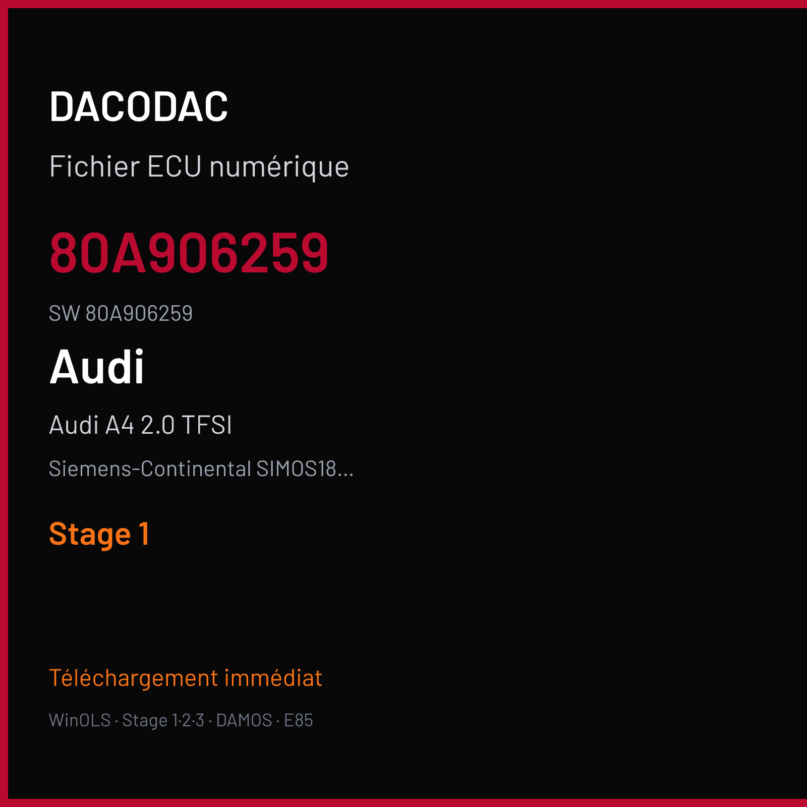 Audi A4 2.0 TFSI 252 ch (2018) — Siemens-Continental SIMOS18.4 — 80A906259 · 80A906259 · SCB00S4000000 — Stage 1