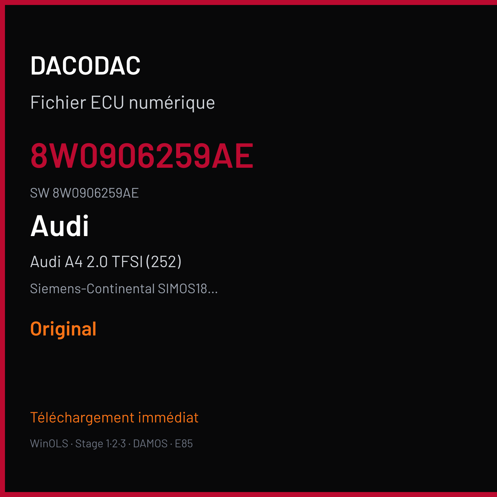 Audi A4 2.0 TFSI (252) 252 ch (2020) — Siemens-Continental SIMOS18.4 — 8W0906259AE · 8W0906259AE · SCB00W4L00000 — Original